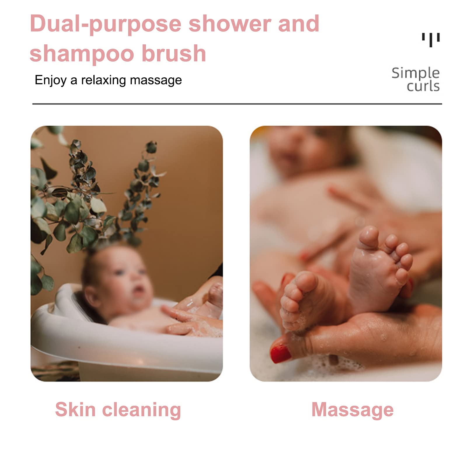 POOWE 2-in-1 Bath & Shampoo Brush - Soft Body Scalp Massager & Exfoliating Brush for Adults & Babies (Pink) | Gentle Skin Cleansing & Relaxing Massage for Shower, Bath & Hair Care