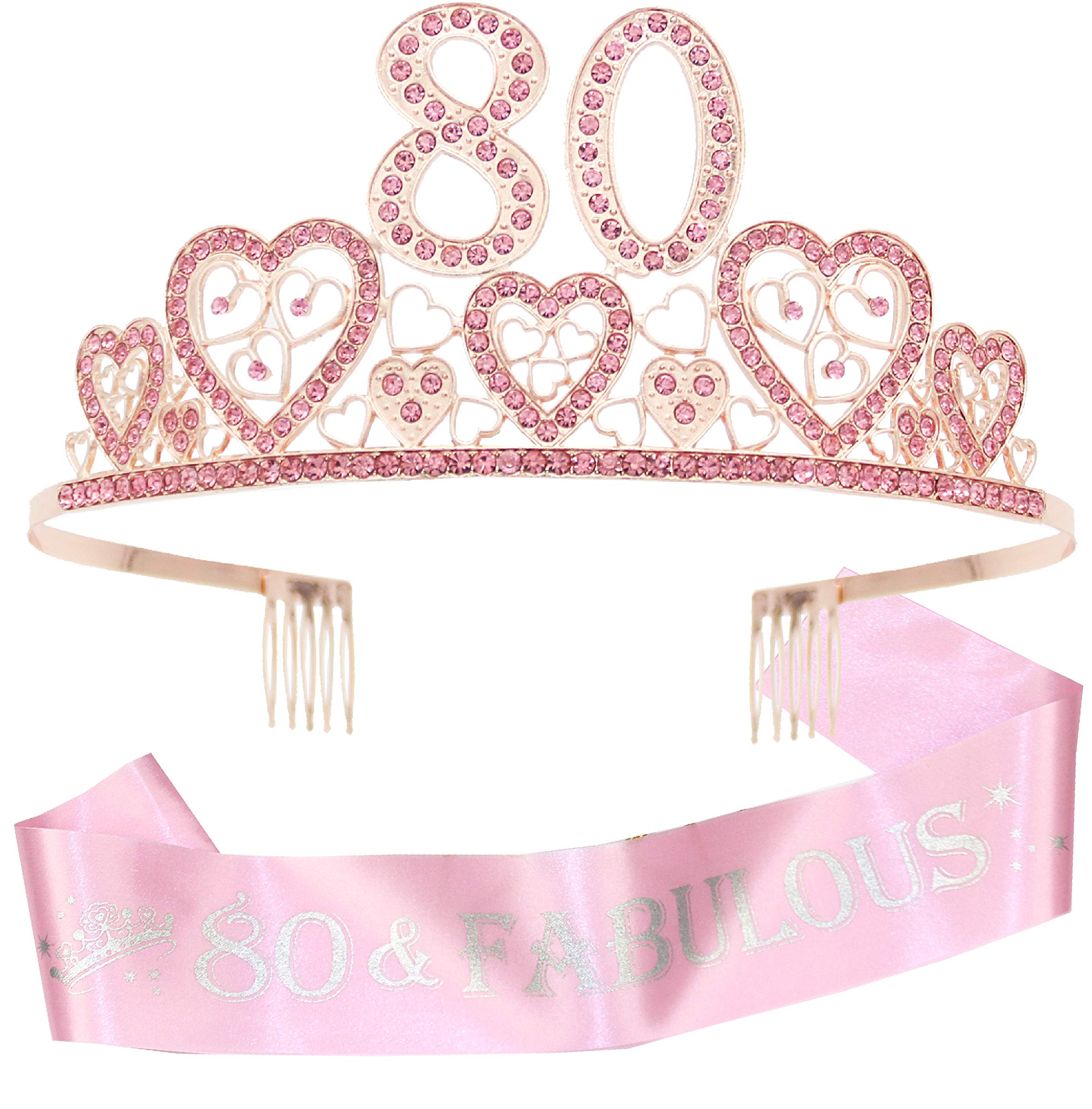 80th Birthday Sash and Tiara Set for Women - Glitter Sash with Rhinestone Hearts & Pink Metal Tiara | Perfect 80th Birthday Gift for Queen of Celebration | Great for Milestone Parties, Birthday Photos & Special Occasions