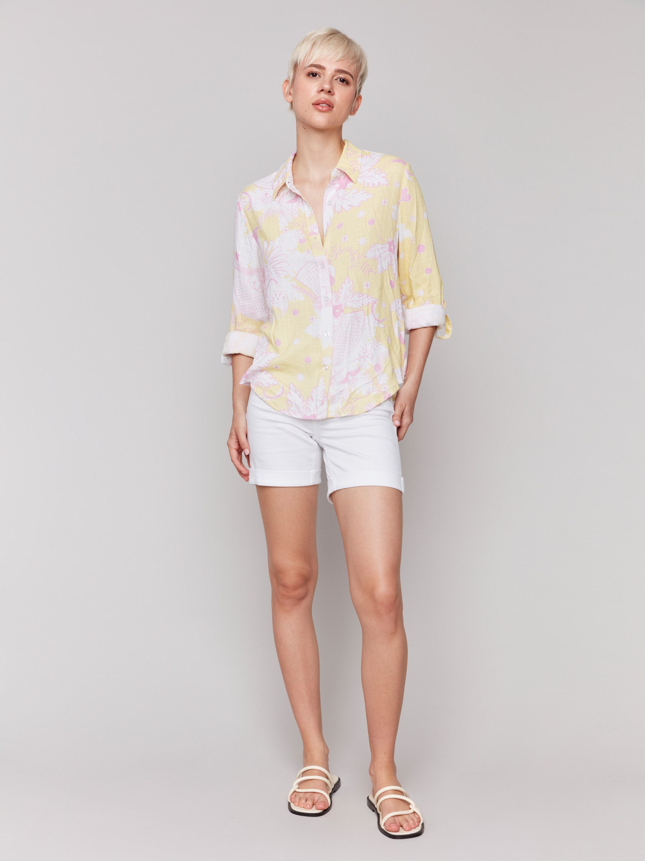 Printed Roll Up Sleeve Shirt - Lemonade Pattern Casual Button Up Shirt for Men | Perfect for Summer Outings, Beach Vacations & Outdoor Activities