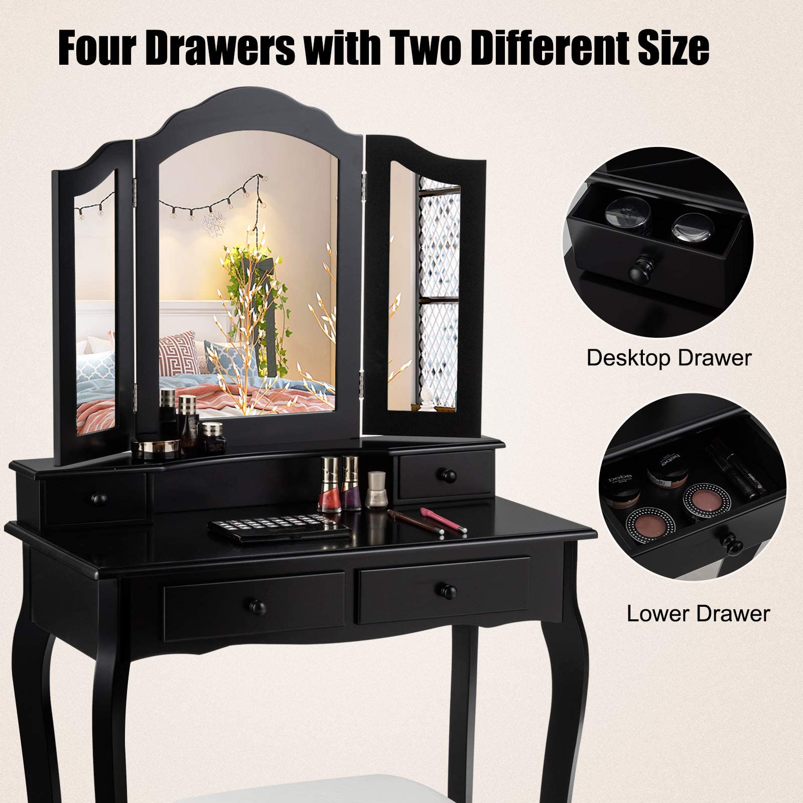 MAT EXPERT Vanity Desk Set with Mirror and Drawer - Modern Dressing Table with Cushioned Stool & 4 Storage Drawers - Tri-Folding Mirror Makeup Vanity for Bedroom, Bathroom, Nursery - Perfect for Daily Beauty Routine & Home Decor (Black)