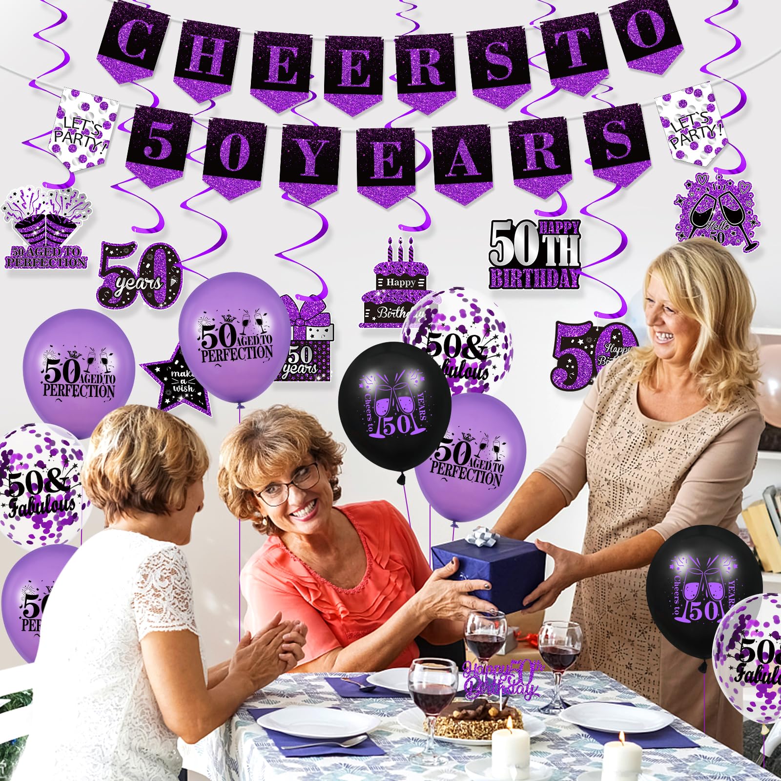 Purple & Black 50th Birthday Party Decorations Set - Hanging Swirls, Balloons, Banner & Cake Topper for Women & Men - Perfect for 50 Years Celebration, Milestone Birthday Party Supplies & Decor