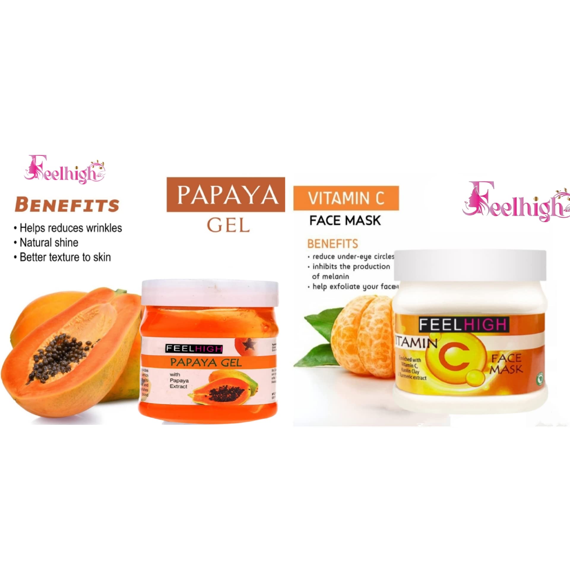 Feelhigh Papaya Gel & Vitamin C Mask Set - 500gm Each for Face & Body - Brightening & Hydrating Skincare - Perfect for Daily Glow Routine & Spa Treatments