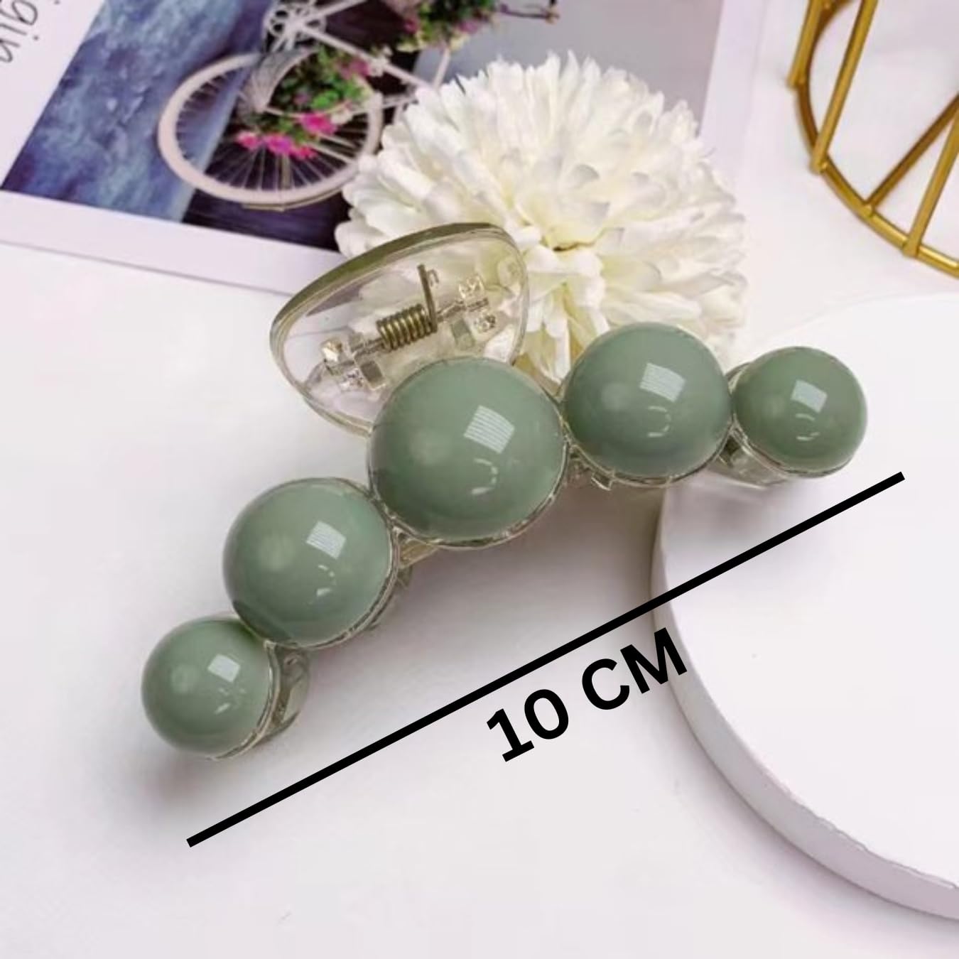Korean Style Large Hair Claw Clip - Thick Hair Clutch for Women & Girls | Green Pearl Hair Accessories for Party & Daily Use