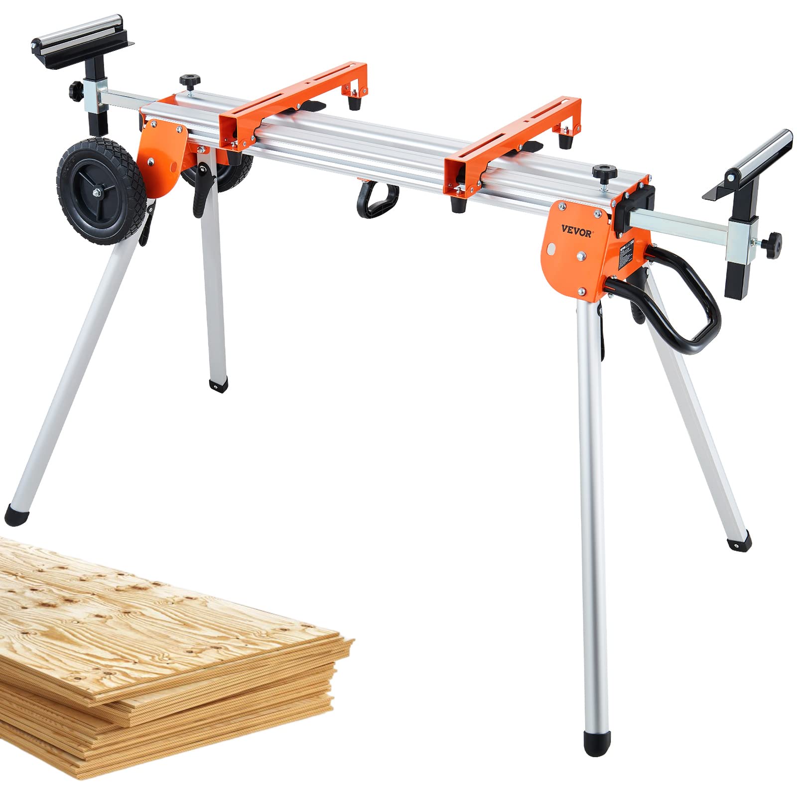 VEVOR 100-Inch Heavy Duty Collapsible Rolling Miter Saw Stand with Sliding Rail - 500lbs Capacity, One-Piece Mounting Brackets & Clamps - Perfect for Woodworking, Construction Sites, and DIY Projects
