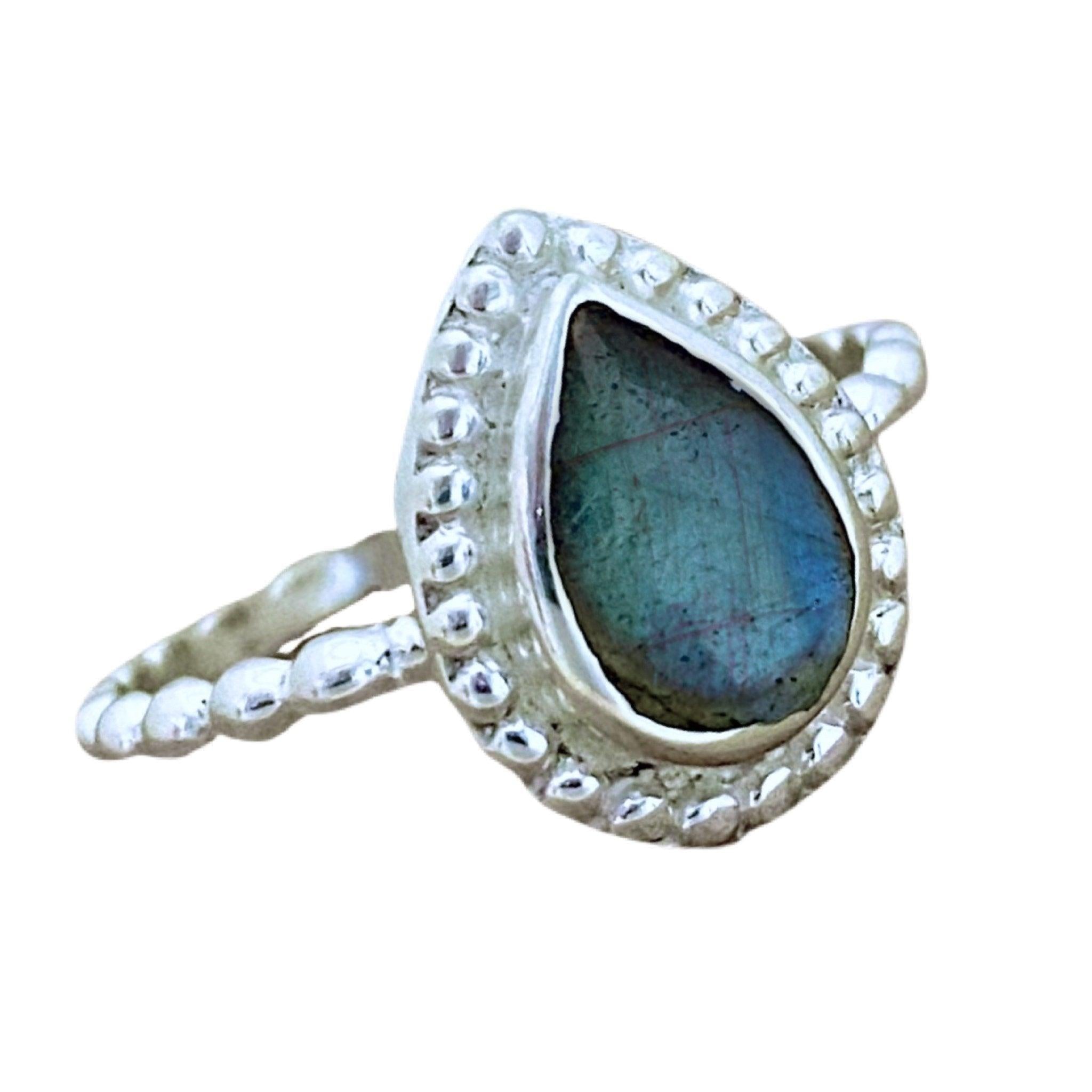Laihas Summer Haze Raindrop Labradorite Ring - Dainty Blue Gemstone Jewelry for Women, Perfect for Beach Vacation & Boho Fashion