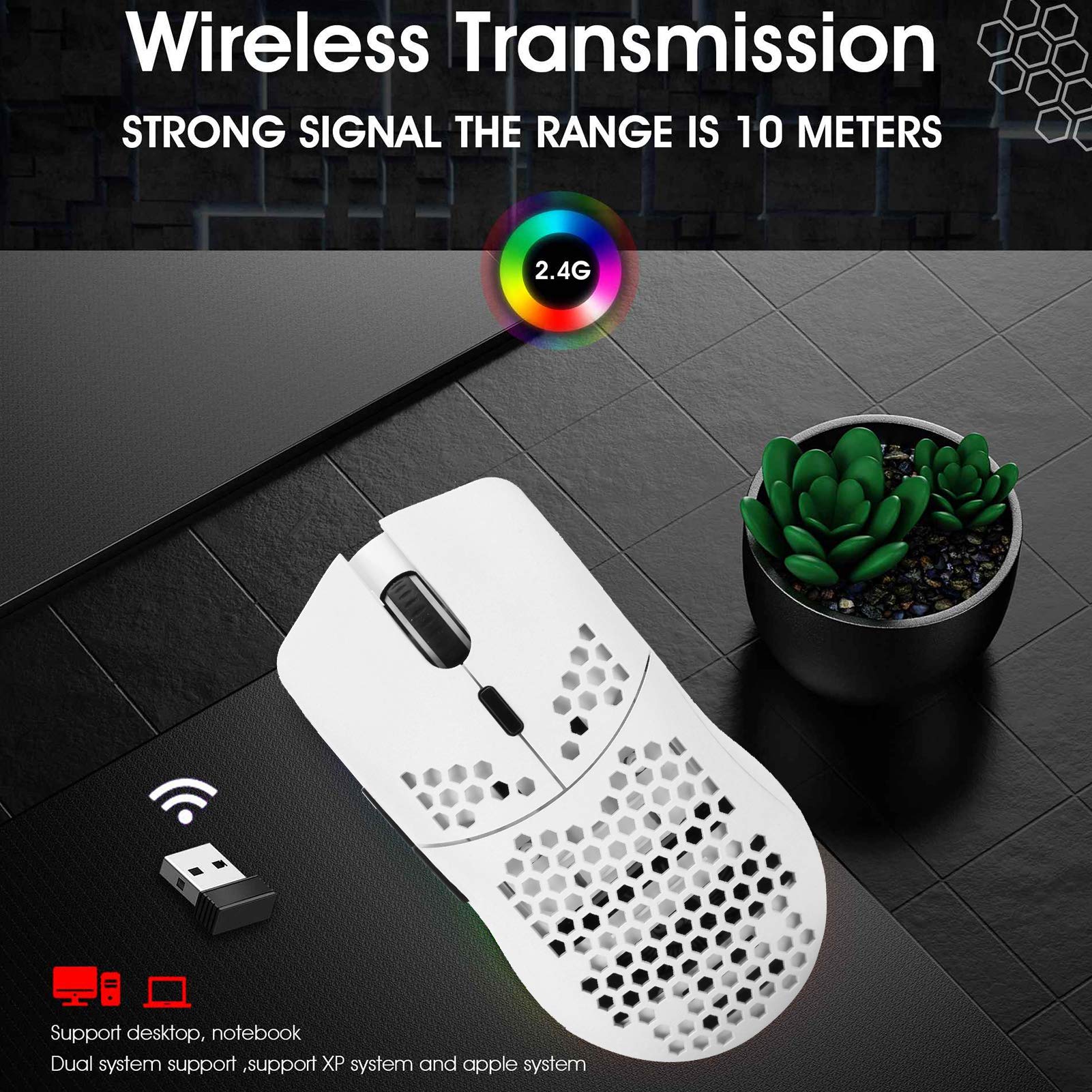 Zunate Wireless Gaming Mouse - 2.4GHz Hollow RGB Mouse with 3600DPI & 6 Programmable Buttons for PC, Laptop, Computer (White) - Perfect for FPS, MOBA Games & Office Work