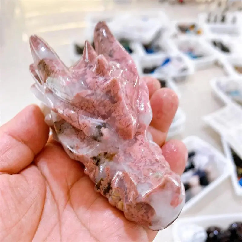 Natural Agate Dragon Skull Carving - Handcrafted Crystal Home Decor, Spiritual Healing Stone, Wiccan Altar Gift (1PC) - Perfect for Meditation, Feng Shui & Gothic Interior Design