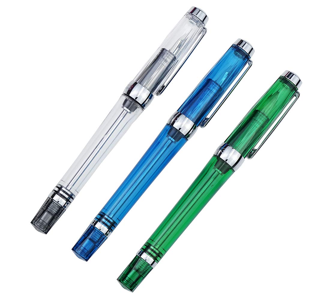 Lanxivi 3-Piston Vacuum Fountain Pen Set - Fine Nib 013 Series (Blue, Green, Clear) for Writing & Calligraphy