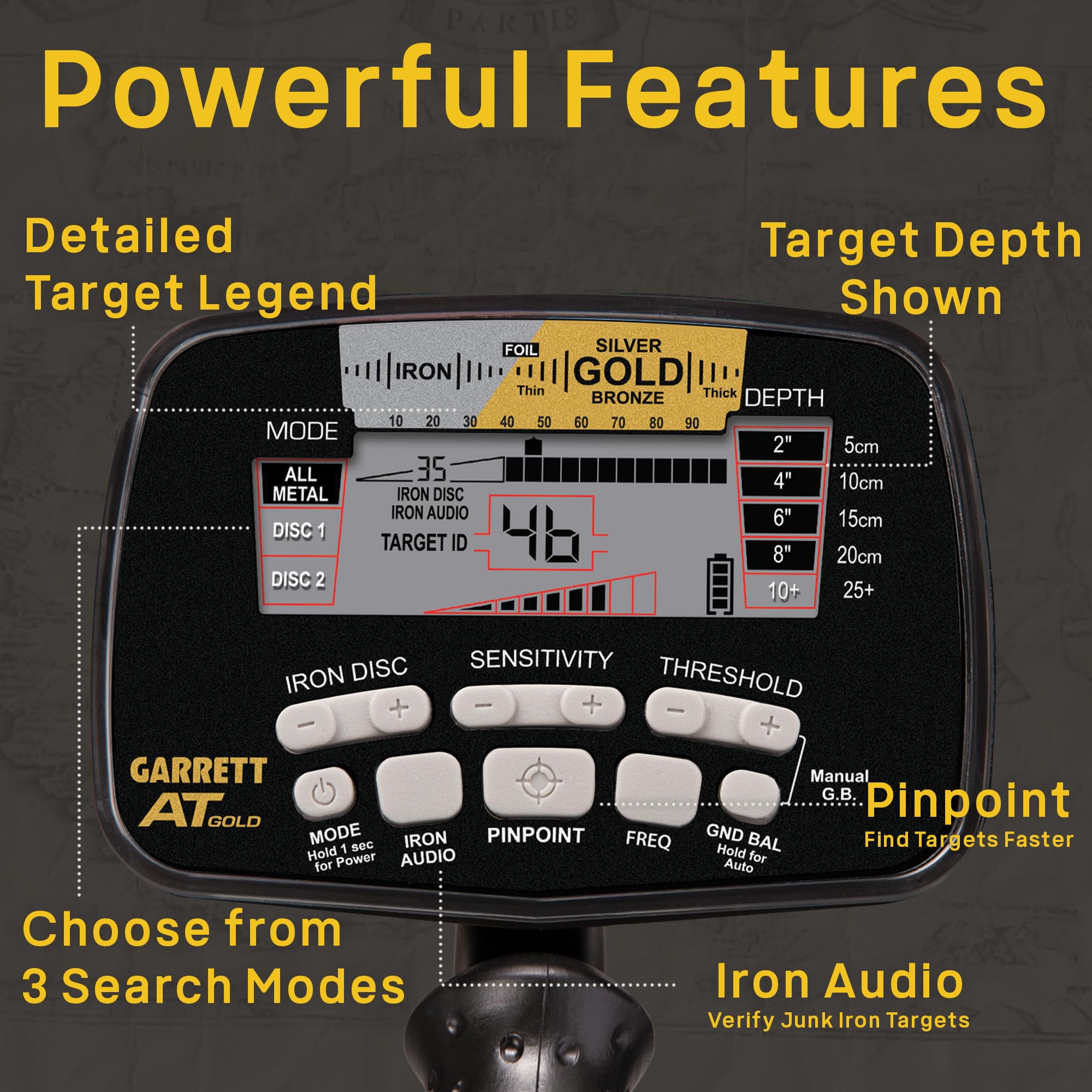 Garrett AT Gold Waterproof Metal Detector for Adults with Headphones - Gold & Iron Detection, Pinpoint Mode - Perfect for Beach Hunting, Coin Shooting & Treasure Hunting Adventures