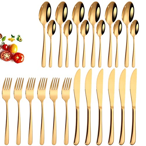 24-Piece Stainless Steel Silverware Set - Gold Gilded Cutlery Set with Knives, Forks & Spoons - Elegant Western Dinnerware for Home & Restaurant Use - Perfect for Formal Dining, Wedding Gifts & Kitchen Essentials (Color: Gold)