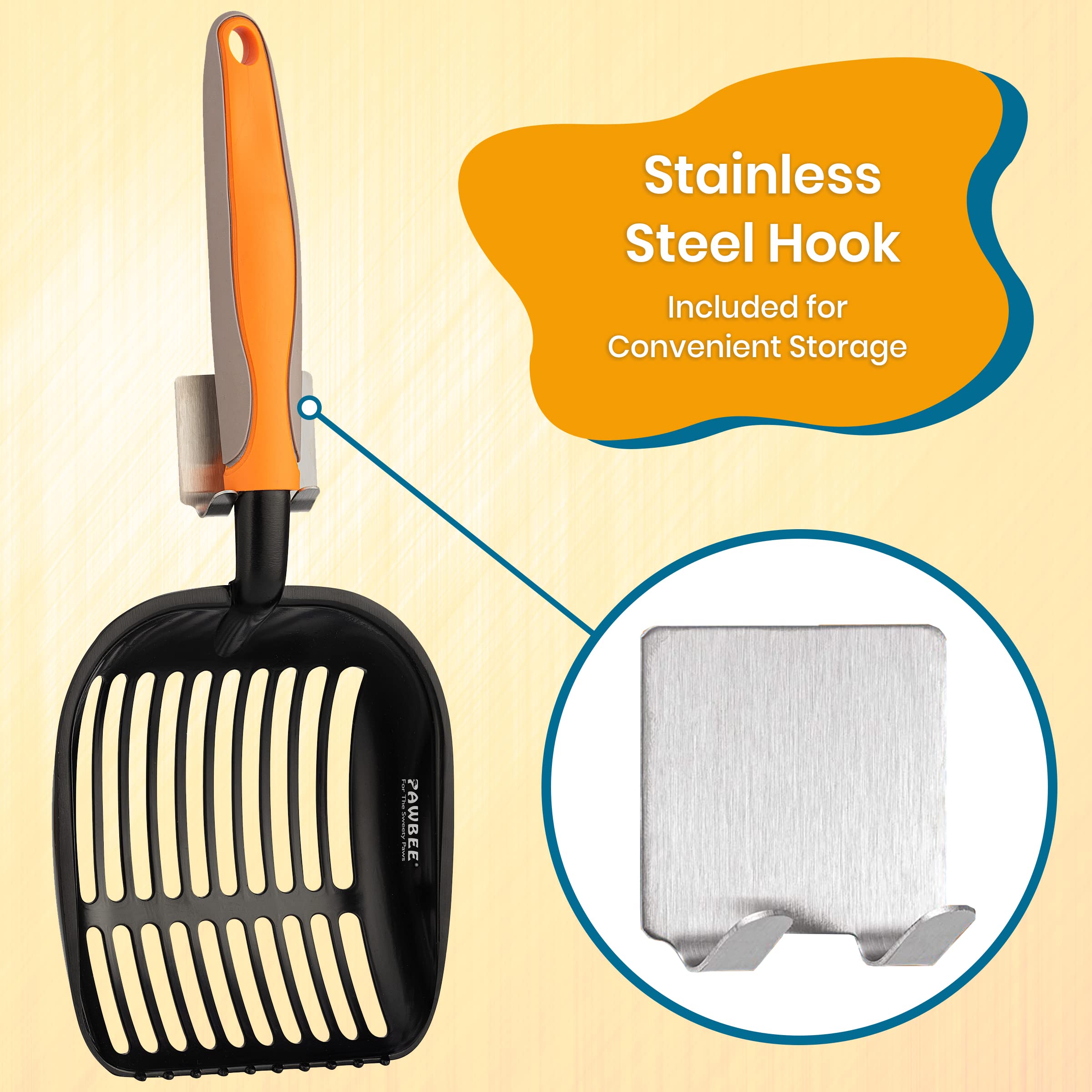PAWBEE Metal Cat Litter Scoop with Holder - Premium Non-Stick Stainless Steel Litter Scooper for Cats - Deep Shovel Design with Long Non-Slip Handle - Durable Kitty Waste Scoop for Litter Box Cleaning - Perfect for Multi-Cat Homes & Odor Control