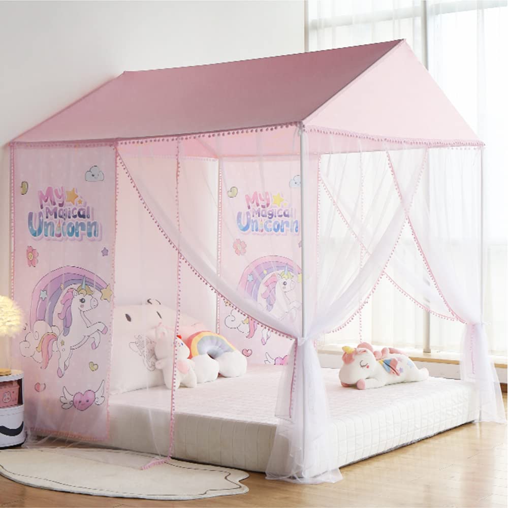 Rainbow Bed Canopy with Pom Poms - Twin Size Horse Design House Canopy Curtains for Girls Room Decor | Montessori Bed Net with Included Poles | Perfect for Princess Themed Bedrooms & Kids Sleep Space