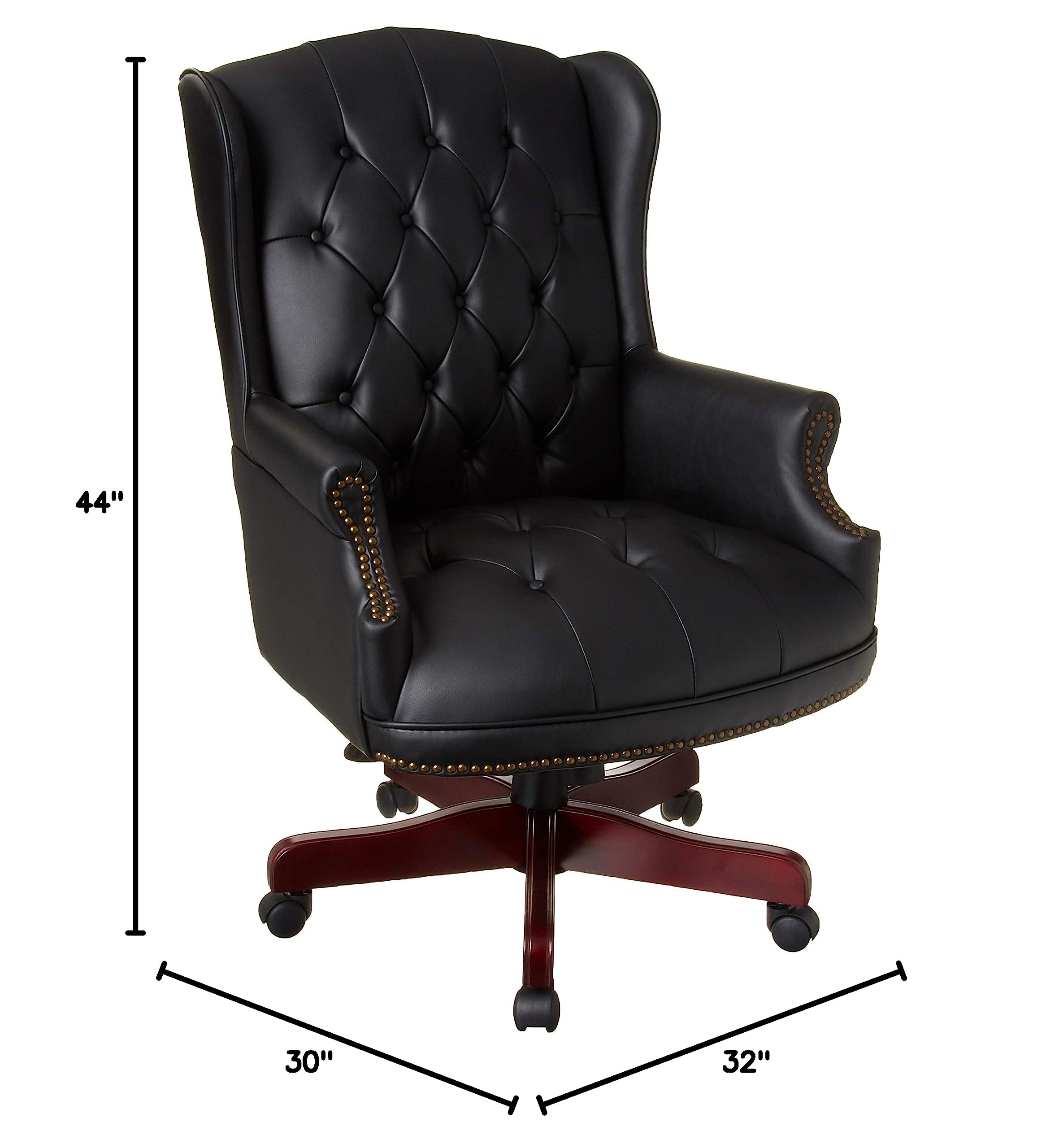 Premium Black Leather Wingback Office Chair - Traditional Executive Desk Chair for Home & Business Use - Comfortable Ergonomic Support for Long Work Hours