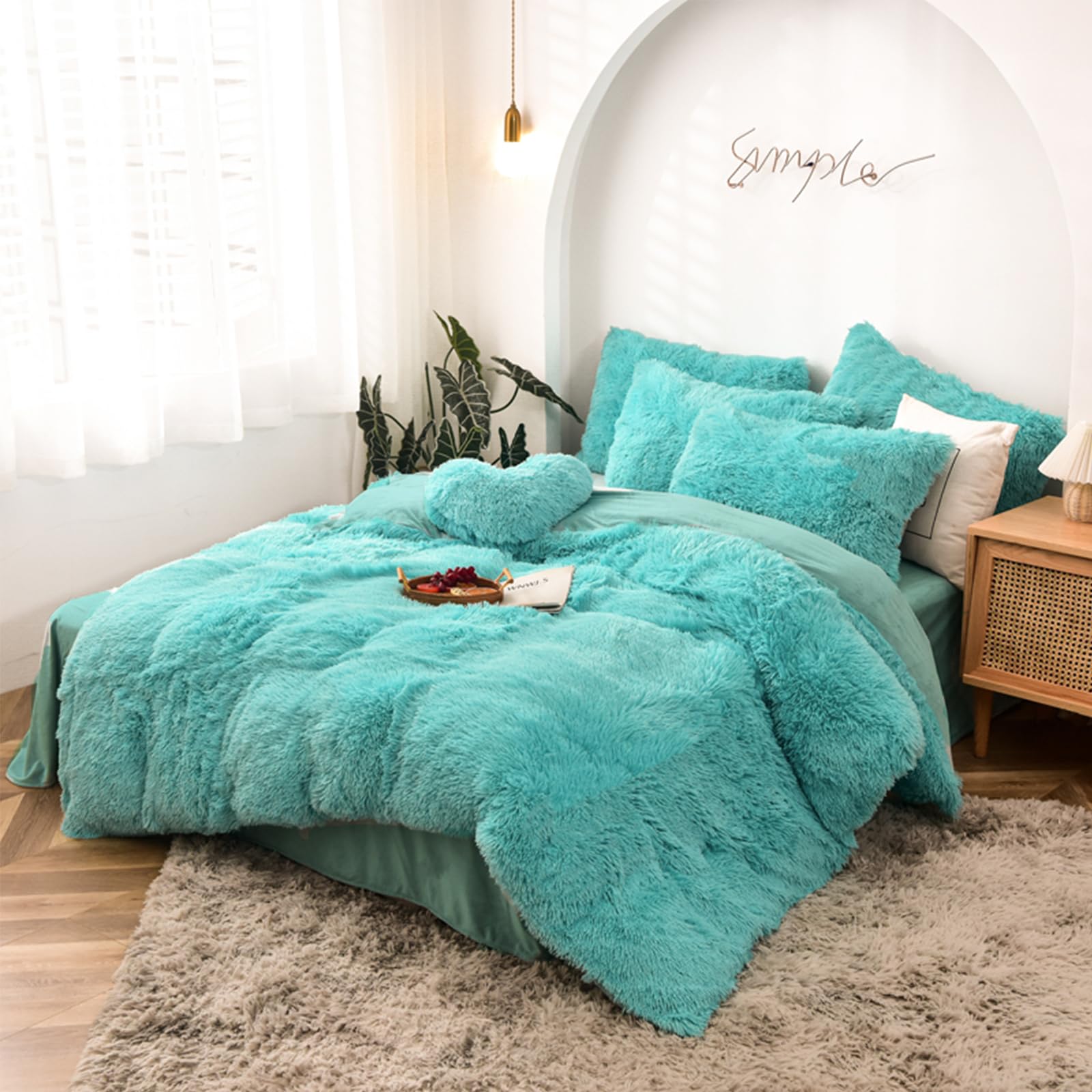 MorroMorn 5-Piece Shaggy Duvet Cover Set - Long Faux Fur Luxury Ultra Soft Bedding (Aqua, Full/Queen Size) for Cozy Winter Nights & Luxurious Bedroom Decor