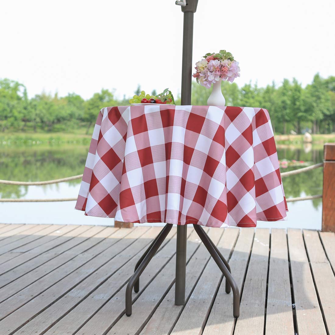 52” Burgundy Red Check Outdoor Round Tablecloth with Umbrella Hole Zipper - Waterproof Picnic Table Cover for Spring Summer Patio, Garden, and Backyard Dining