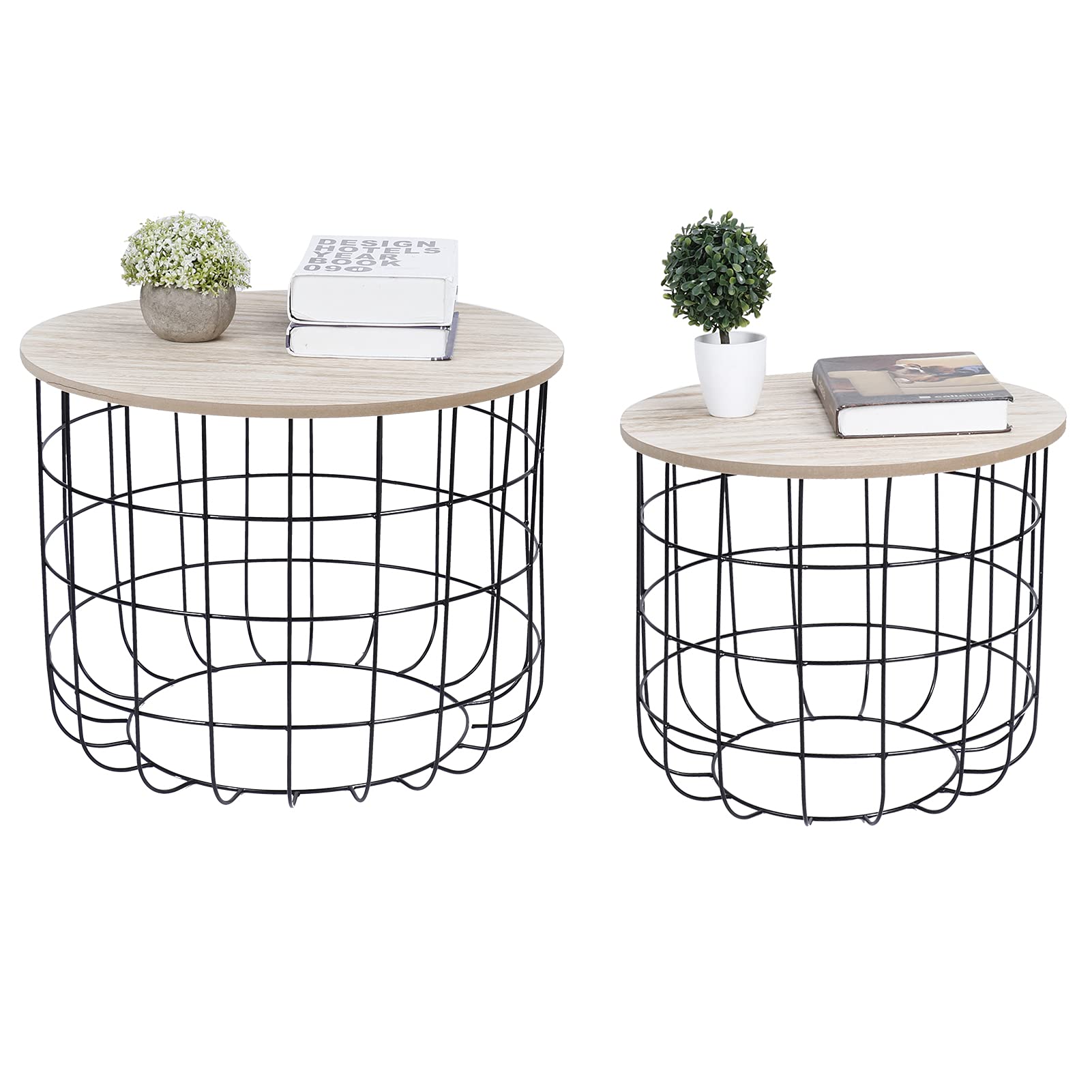 Nesting End Tables with Storage - 2-Piece Accent Side Table Set for Living Room, Coffee Table with Metal Basket & Wood Tabletop - Perfect for Small Spaces, Home Decor & Extra Storage