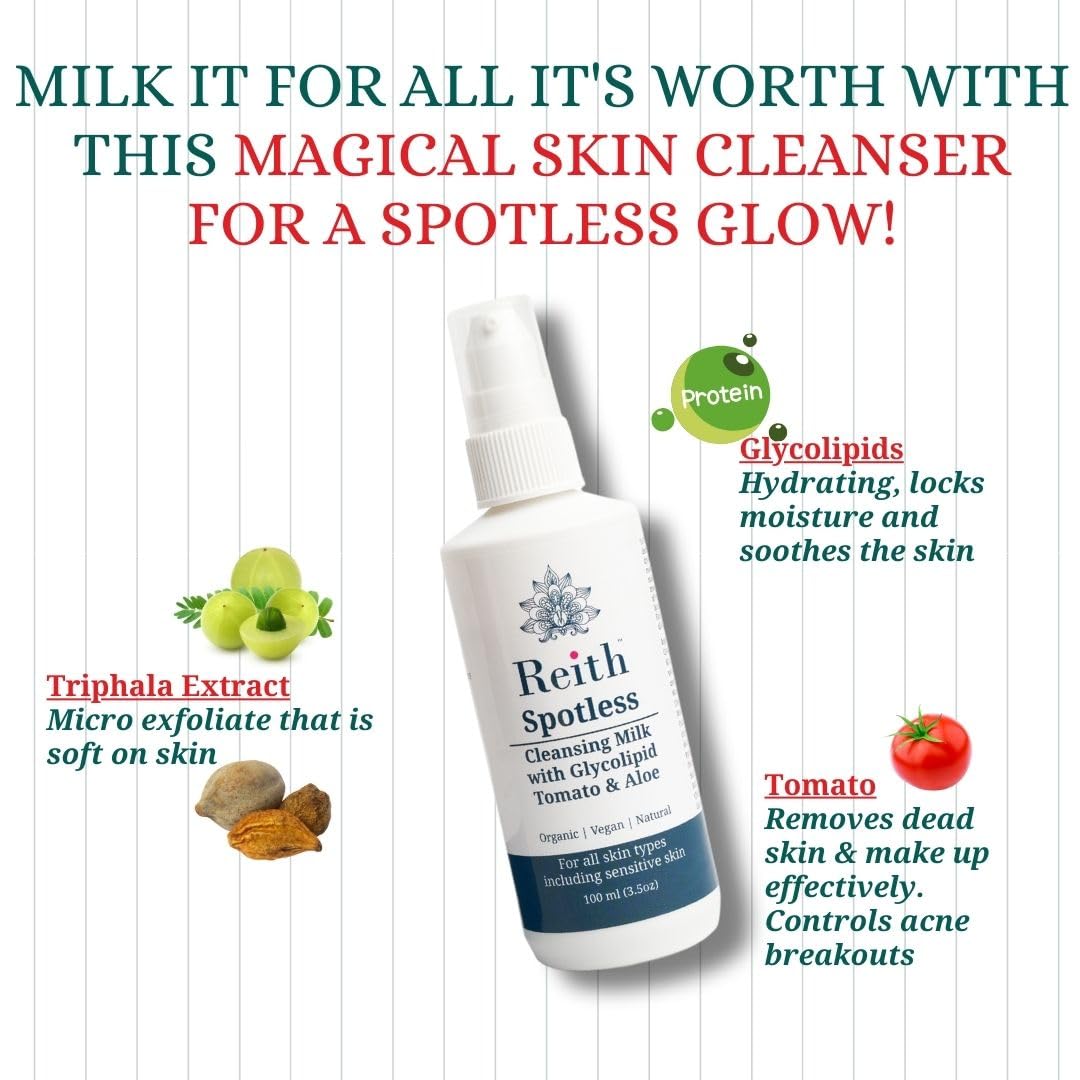 Reith Spotless Cleansing Milk - Gentle Winter Face Wash & Makeup Remover for Face & Eyes with Tomato & Vitamin E (100ml) | Perfect for Dry Skin & Nighttime Skincare Routine