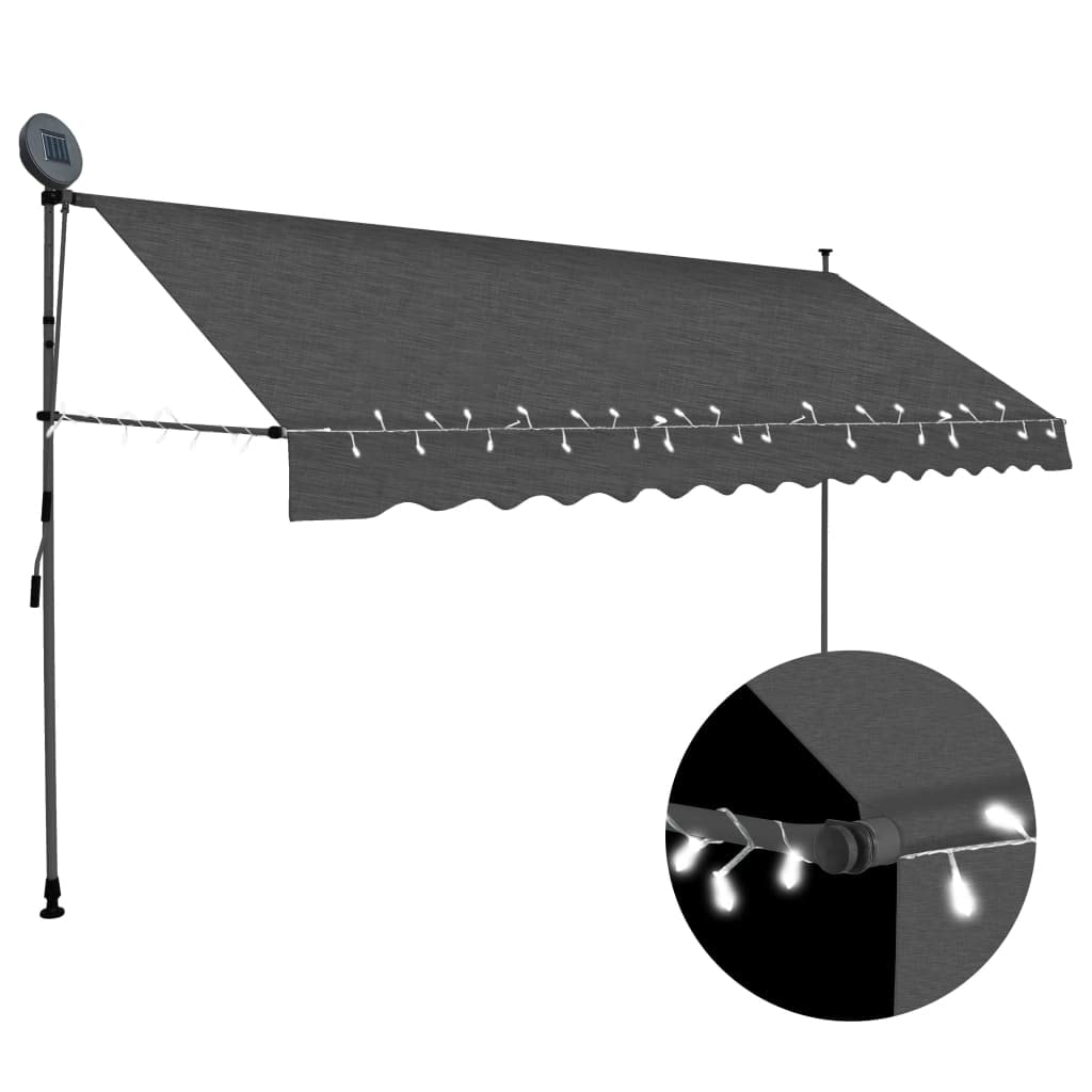 CHARMMA Manual Retractable Awning with LED Lights - 157.5 Inch Anthracite Color Outdoor Patio Cover - 10.1KG Heavy Duty for Garden, Balcony, and Backyard Shade Solution