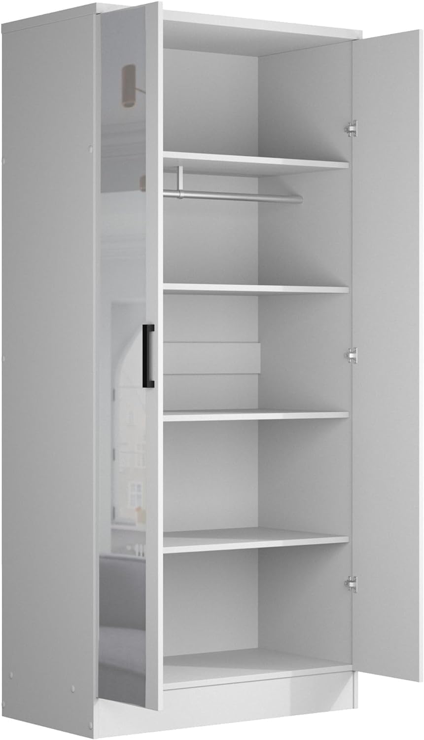 Woodpeckers White 2-Door Wardrobe with Mirrored Doors - Modern Bedroom Furniture for Closet Organization & Storage