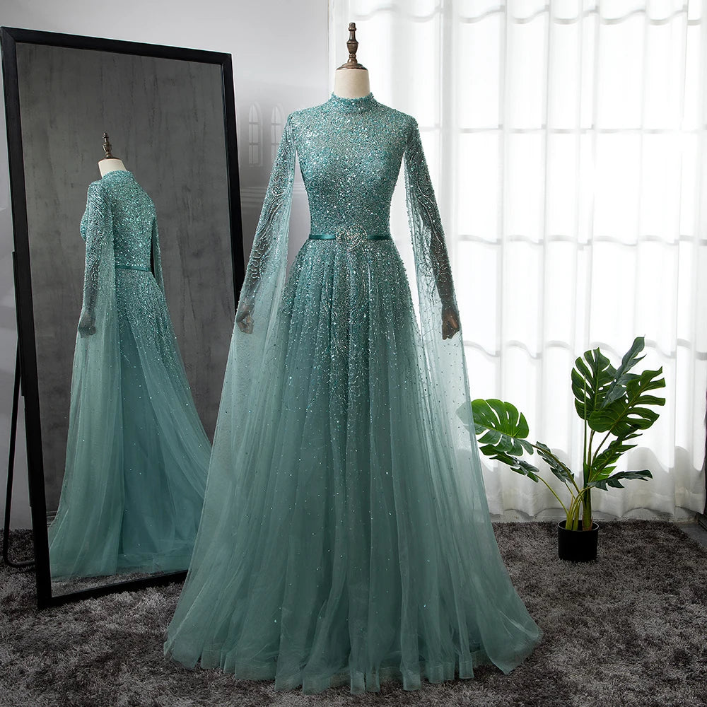 Serene Hill Gold A-Line Cape Sleeves High Neck Beaded Evening Gown for Women - Plus Size Luxury Party Dress LA70066B | Perfect for Galas, Weddings & Formal Events