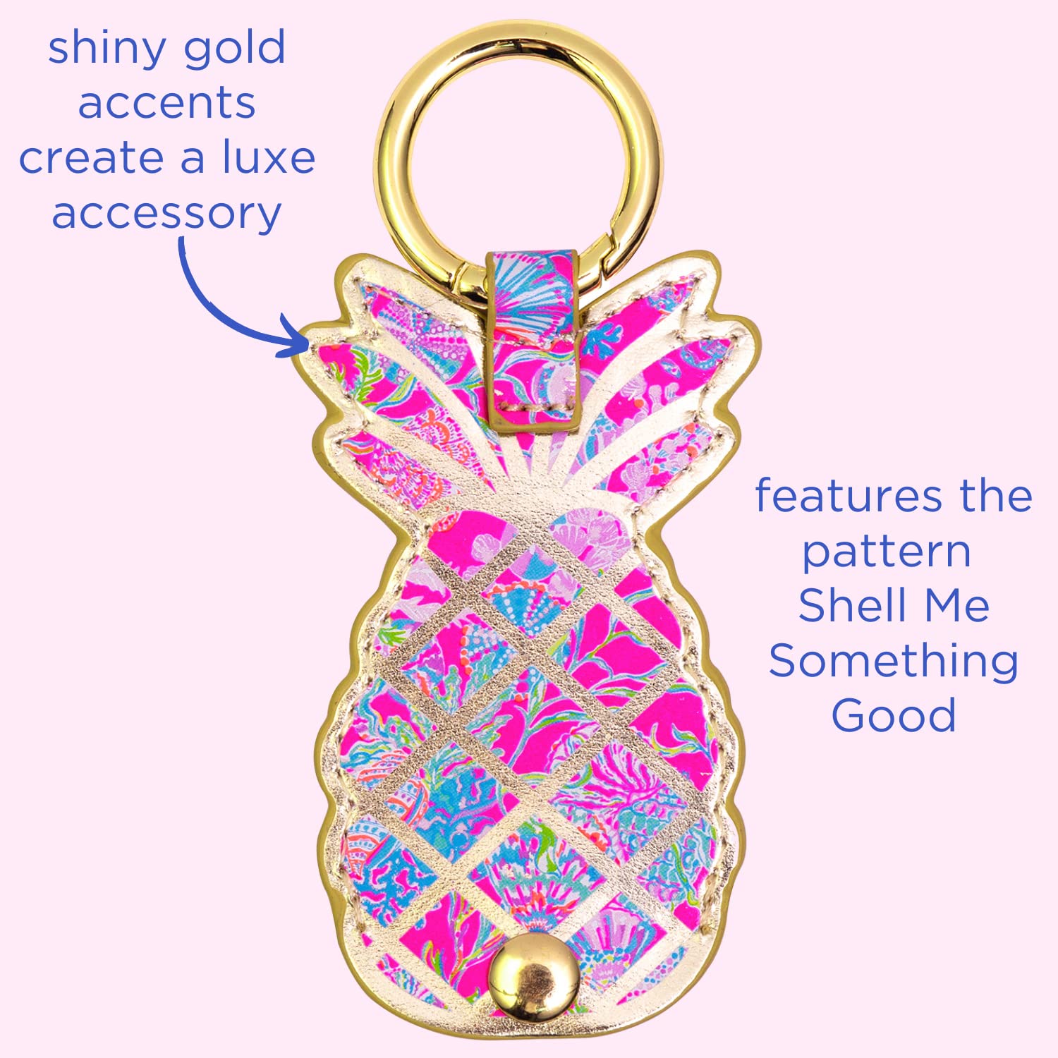 Lilly Pulitzer Leatherette AirTag Keychain - Cute Pineapple Shaped AirTag Holder for Luggage, Car Keys & Dog Collars | Waterproof & Durable Key Ring for Travel, Pets & Everyday Use (Shell Me Something Good Design)