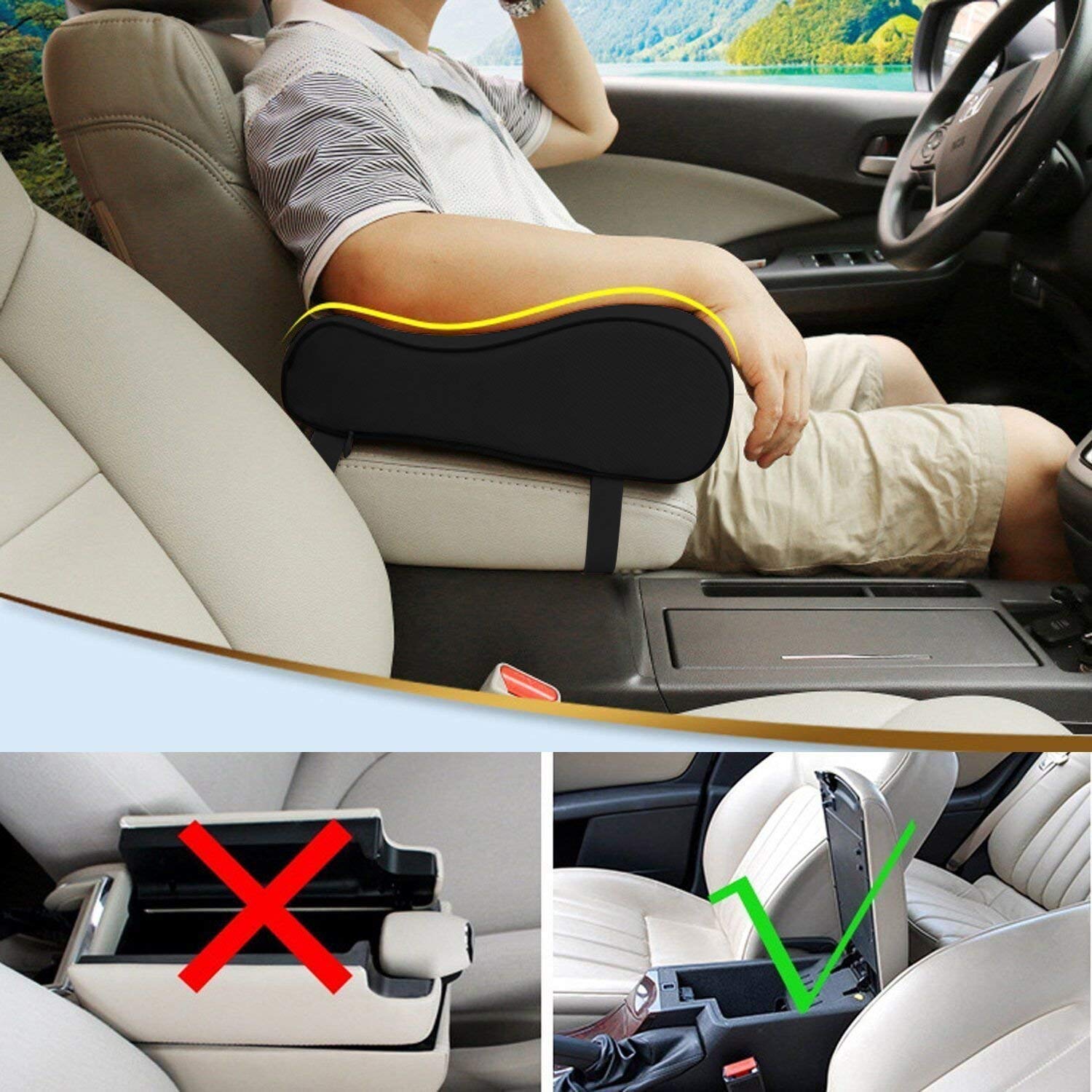 Timorn Memory Foam Car Armrest Cushion - Black Comfort Pillow for Center Console Support | Ergonomic Driving Comfort for Long Trips & Commutes