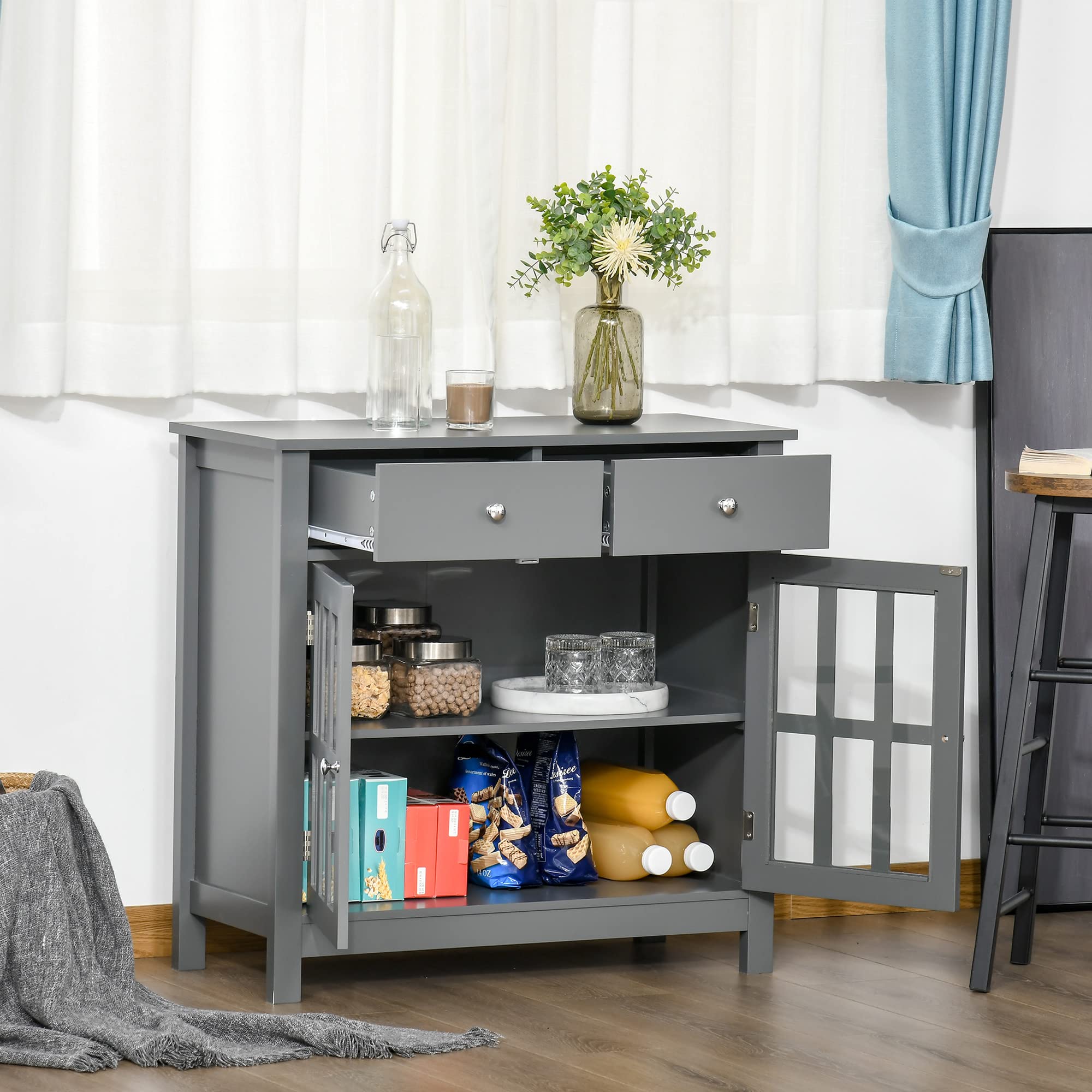 HOMCOM Sideboard Buffet Cabinet with Glass Doors - Kitchen Storage Cabinet with Adjustable Shelf & 2 Drawers - Gray Accent Furniture for Dining Room, Living Room, or Kitchen Organization