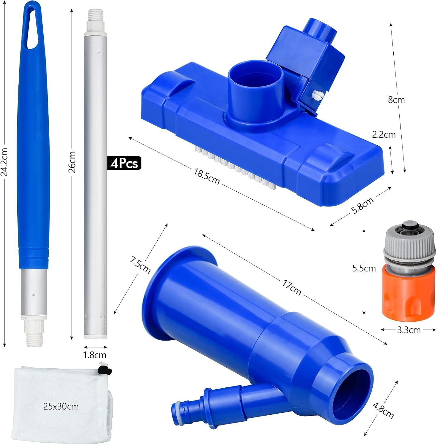Pool Vacuum Cleaner Set with Telescopic Aluminum Pole, Suction Brush & Garden Hose Adapter - Includes Mesh Bag, Vacuum Suction Nozzle & Venturi Bottom Cleaner - Perfect for In-Ground & Above Ground Pool Cleaning & Maintenance