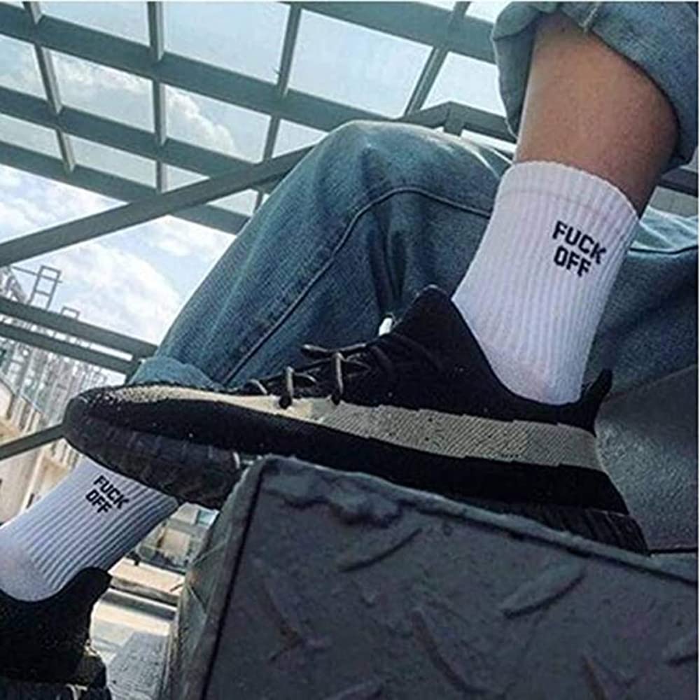 FUCK OFF Swear Word Printed Crew Socks - Funny Novelty Men's Tube Socks for Gag Gifts, Punk Fashion & Statement Outfits