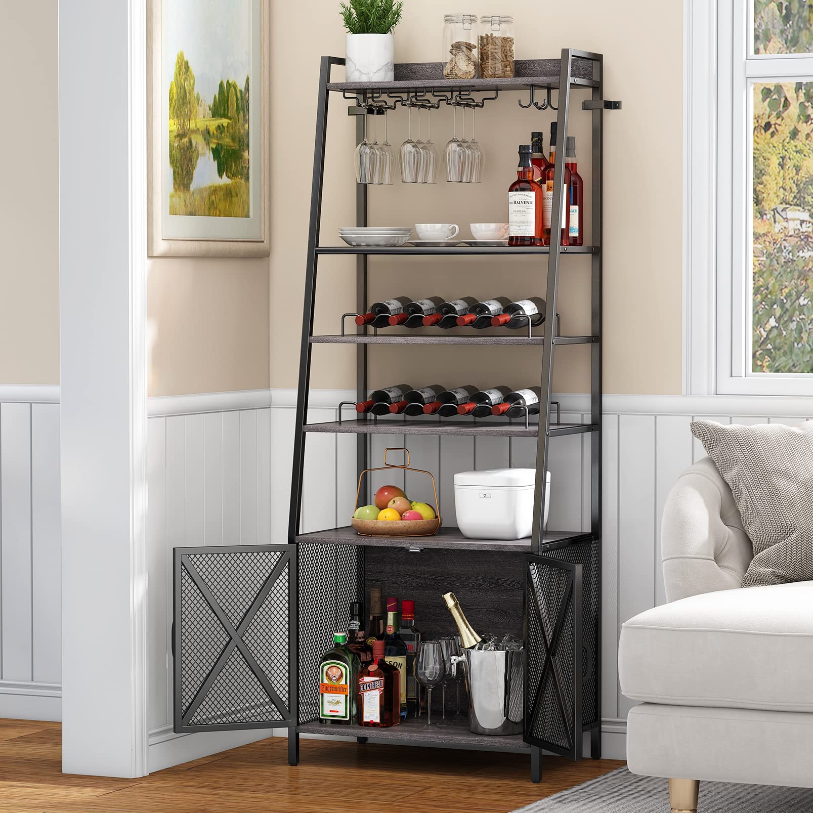 ASYA 5-Tier Freestanding Wine Rack with Glass Holder & Mesh Door - Industrial Liquor Cabinet with Detachable Shelves for Home, Kitchen, Dining Room - Perfect for Wine Storage & Entertaining (Gray)
