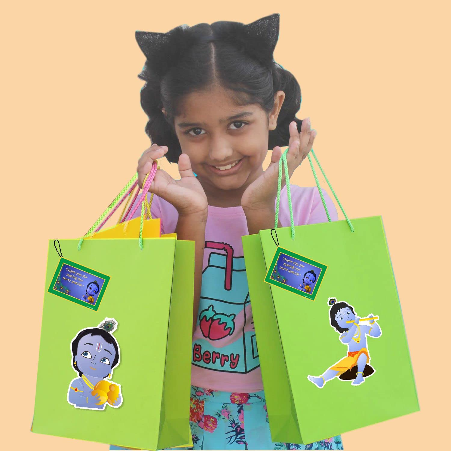 Premium Green Krishna Theme Gift Bags - Pack of 10 for Janmashtami & Krishna Jayanti Celebrations | Eco-Friendly Paper Party Favors for Hindu Festivals, Birthday Gifts & Spiritual Events