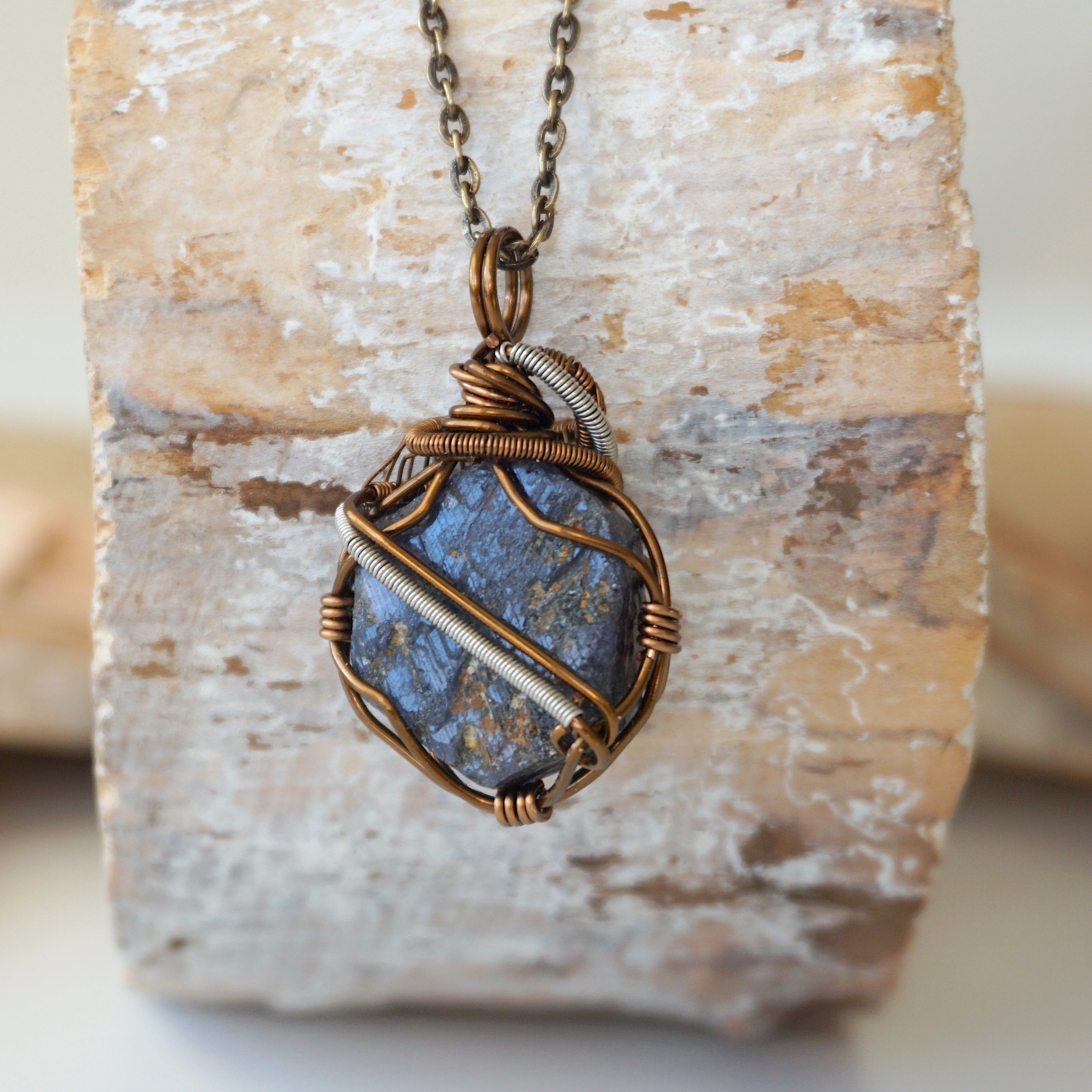 Raw Sapphire Necklace - Handcrafted Mixed Wire Antique Bronze Jewelry for Women | Boho Chic Pendant for Everyday Wear & Special Occasions