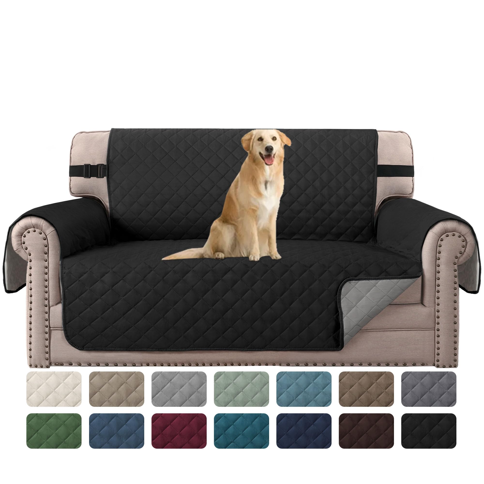 Reversible Loveseat Cover for 2 Cushion Couch - Water Resistant, Non Slip Sofa Protector with Elastic Straps (Black/Grey) | Perfect for Pet Owners, Home Decor & Furniture Protection