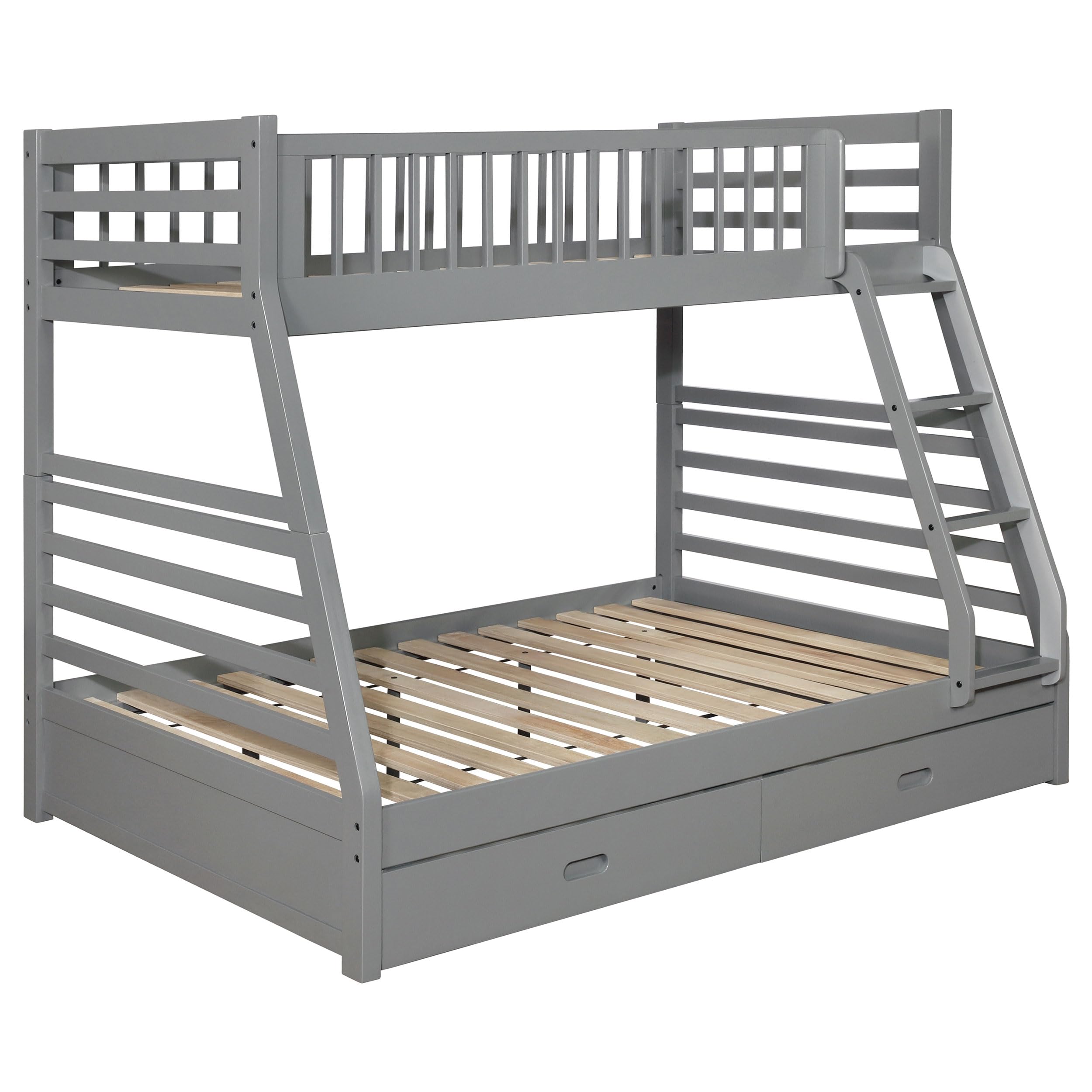 Wood Twin Over Full Bunk Bed Frame with Ladder & Drawers - Grey for Kids' Bedroom