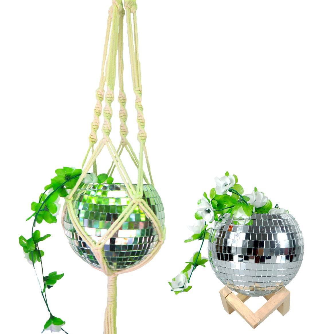 6 Inch Silver Mirror Disco Ball Planter with Wood Stand - Macrame Hanging Basket for Succulents, Herbs, Ferns & Ivy - Boho Home Decor, Party & Wedding Centerpiece