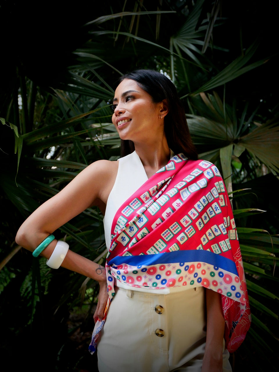 Aunty Carol's Premium Silk Scarf - Elegant Lucky Tiles Design | Perfect for Gifts, Weddings & Special Occasions