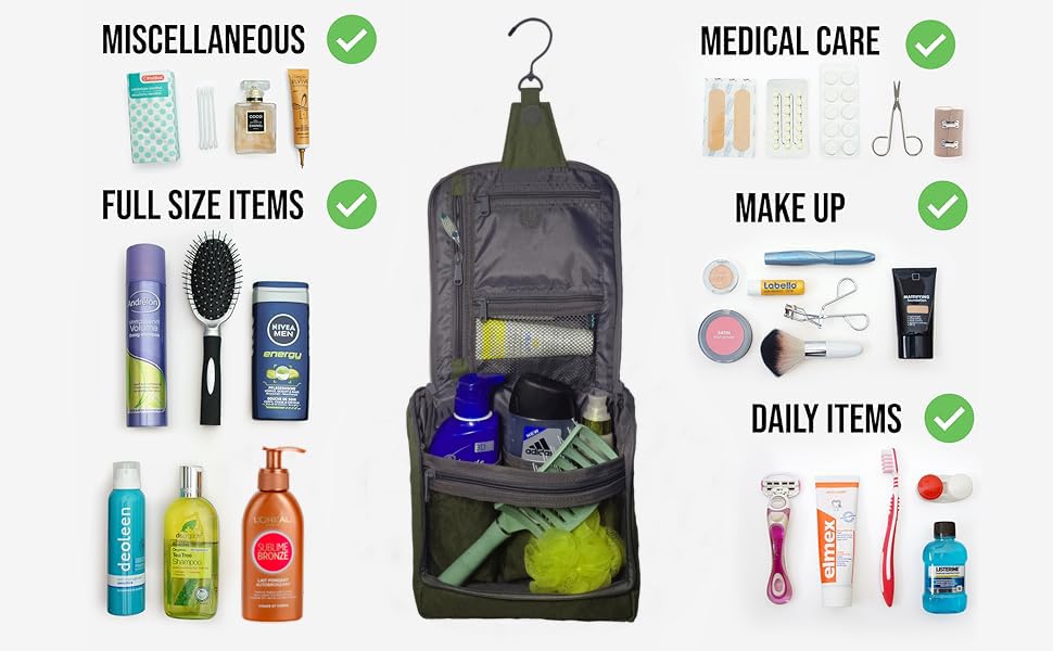 Hanging Travel Toiletry Bag Organizer - Waterproof Cosmetic & Makeup Bag for Shampoo, Soap, Loofah | Portable Dopp Kit for Bathroom, Beach & Gym Essentials | Perfect Hygiene Kit for Camping & Vacation (Hunter Green)