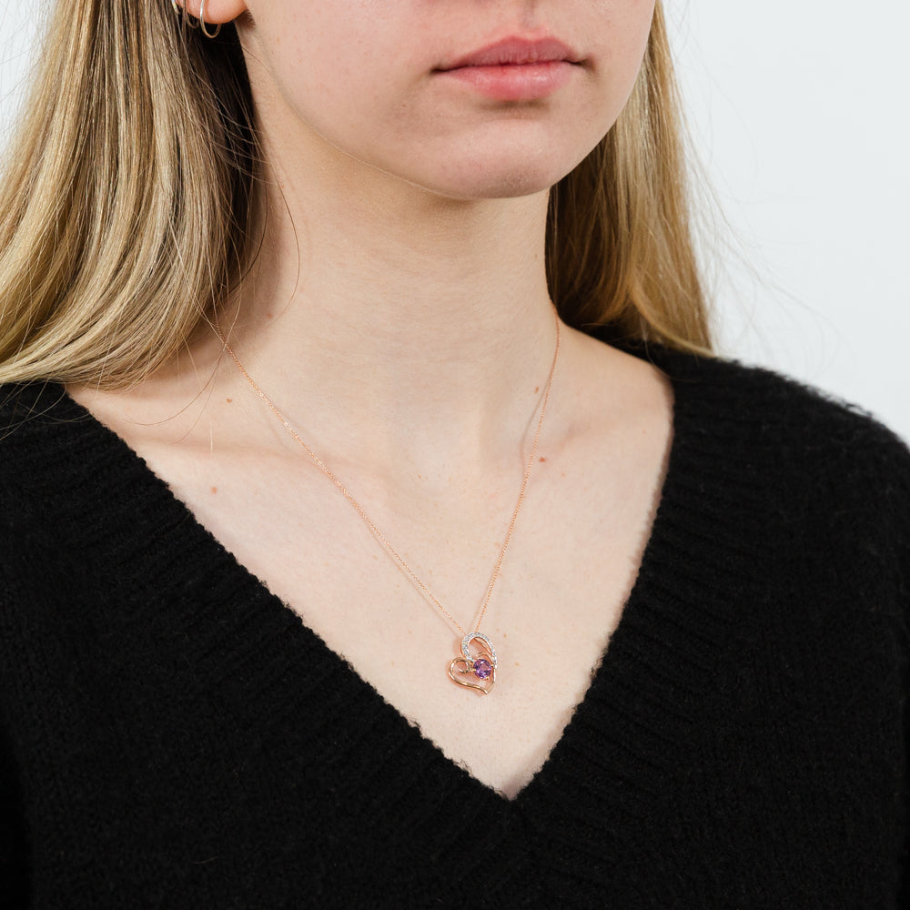 9ct Rose Gold Amethyst and Diamond Heart Pendant Necklace - 45cm Chain for Women, Valentine's Day Gift, Anniversary Present, Romantic Jewelry for Her