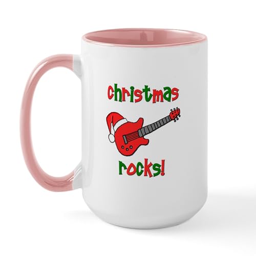 White/Pink Inside - Christmas Rocks! Guitar Santa Large Mug