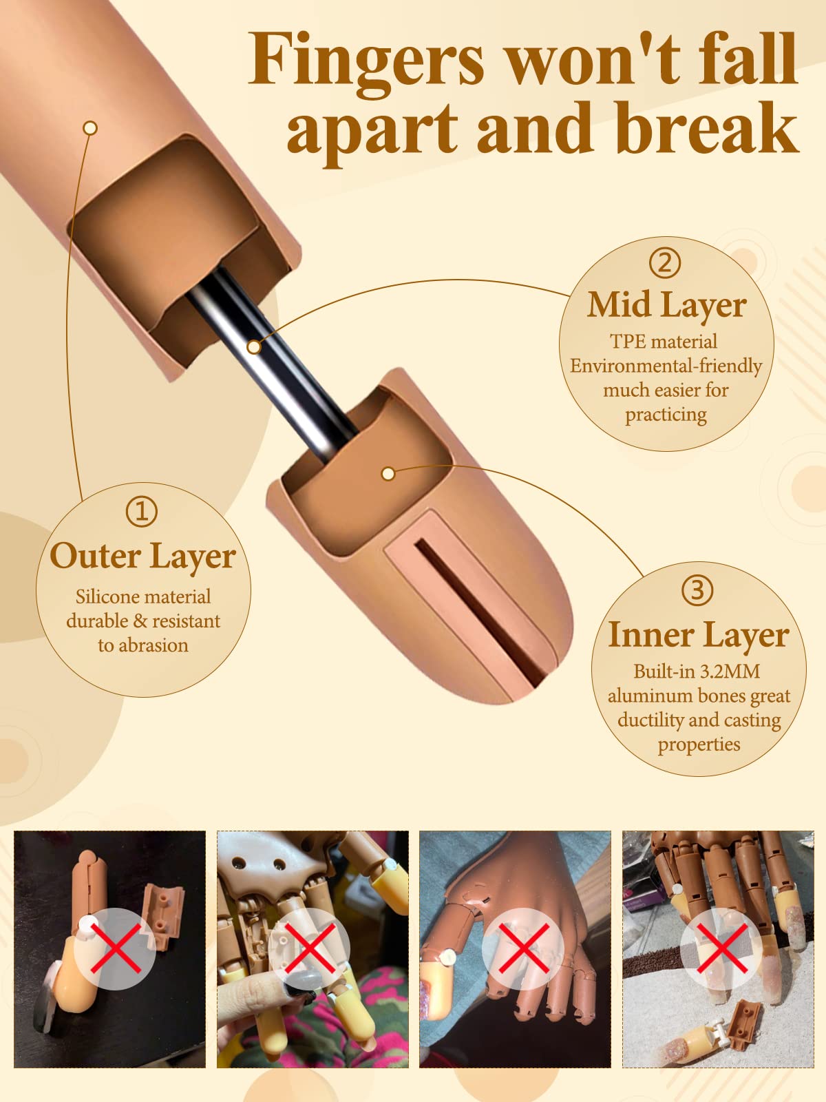 Professional Acrylic Nail Practice Hand - Flexible & Movable Fake Nail Training Hand for Beginners, Prevents Nail Tips from Falling Off - Perfect for Nail Tech Students, Salon Practice & DIY Manicure Training at Home