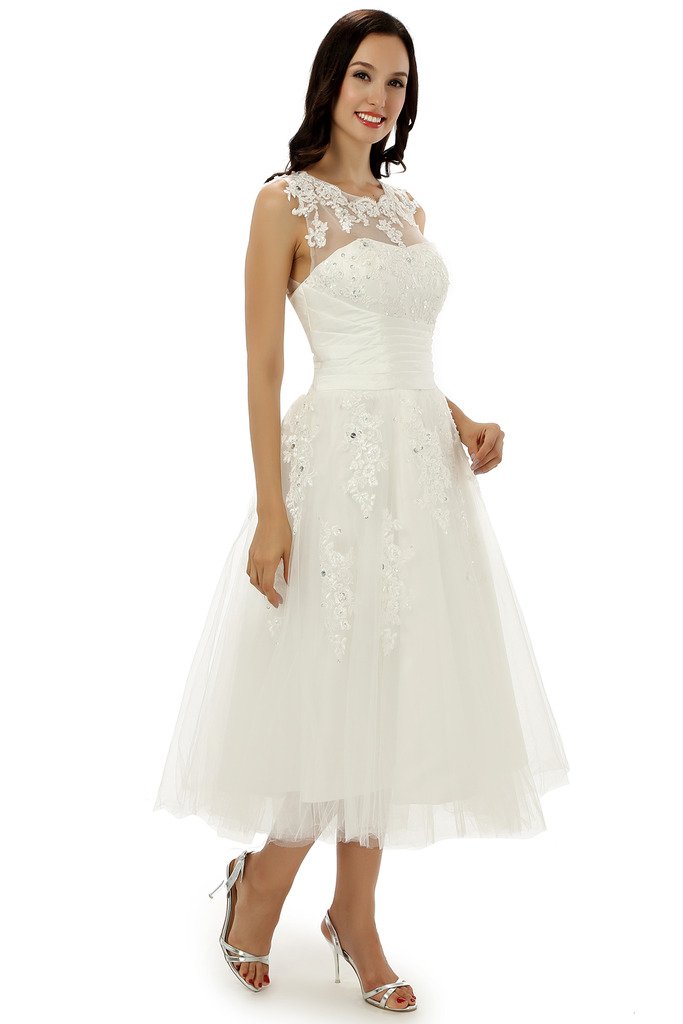 Engerla Women's Tea-Length Wedding Dress with Straps, Tulle Applique & Crystal Details – Perfect for Bridal Showers, Beach Weddings, and Vow Renewal Ceremonies