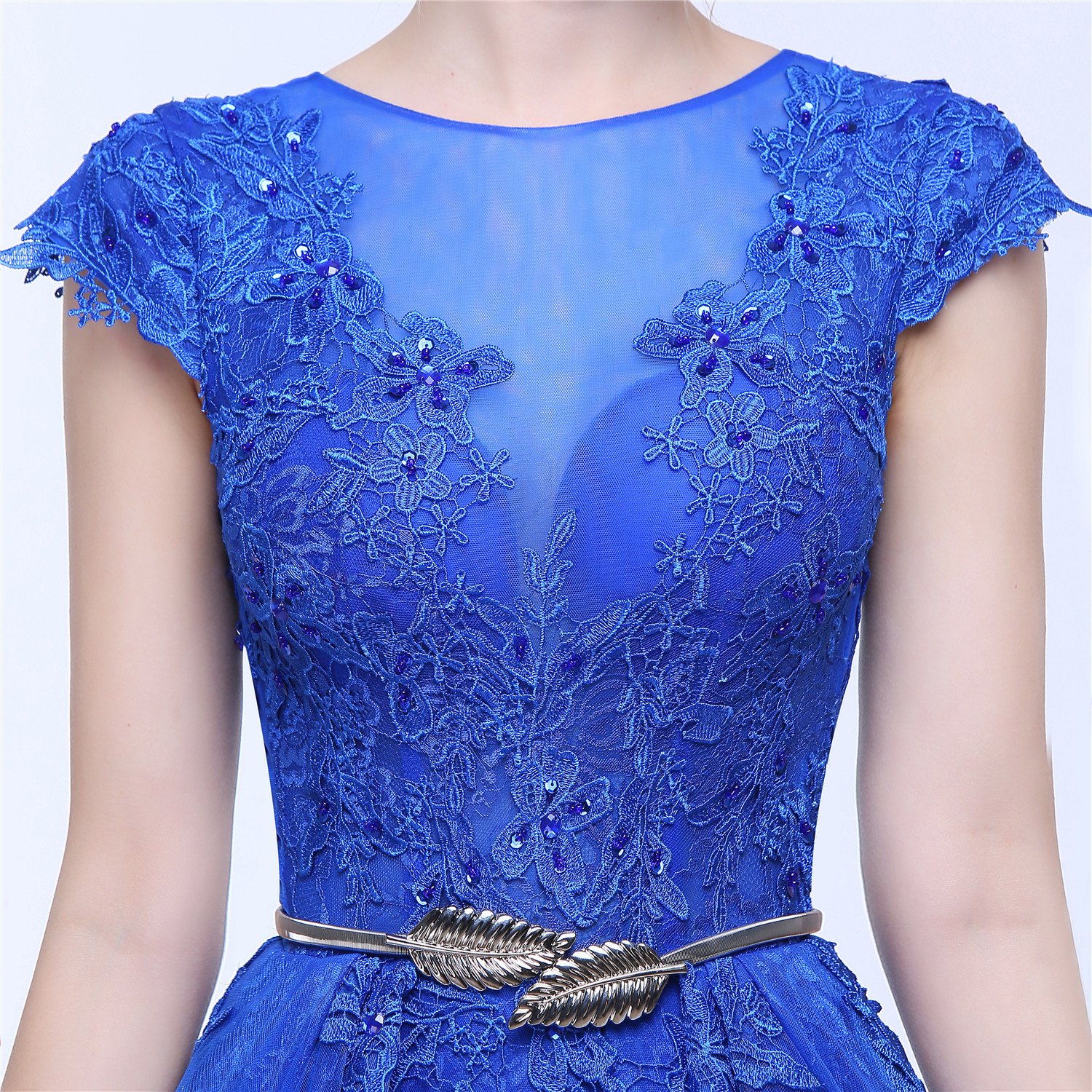 Elegant Blue Homecoming Dress with Lace Applique, Short Sleeve A-Line Long Dress for Prom, Formal Events & Special Occasions