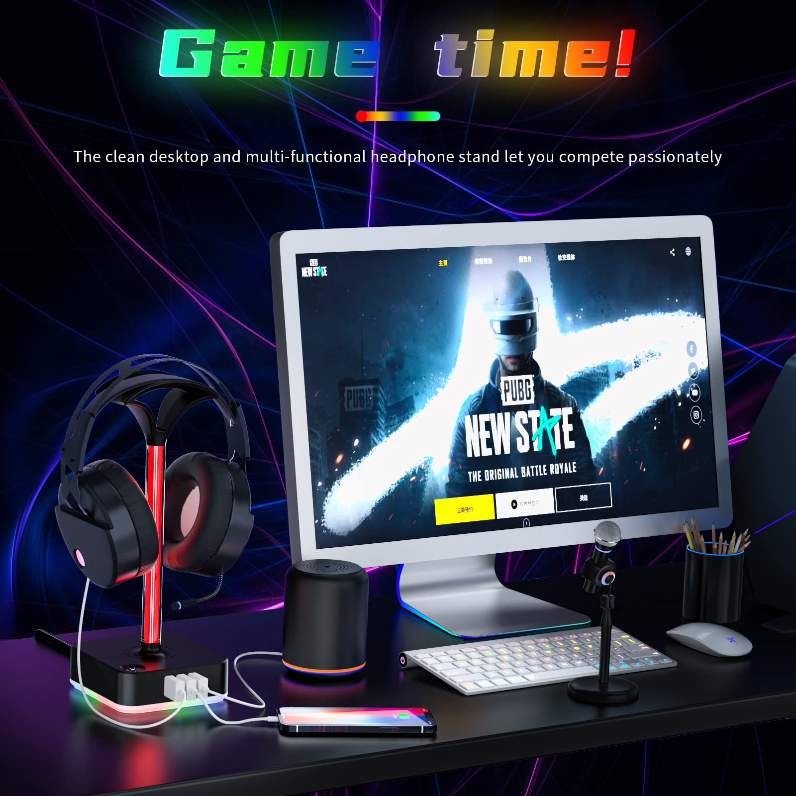 RGB Gaming Headphone Stand with USB Charger & AC Outlet - 3-Port USB Hub, 8 Color LED Modes, Universal Headset Holder for PC, PS5, Xbox - Perfect for Gaming Setup, Home Office & Desk Organization