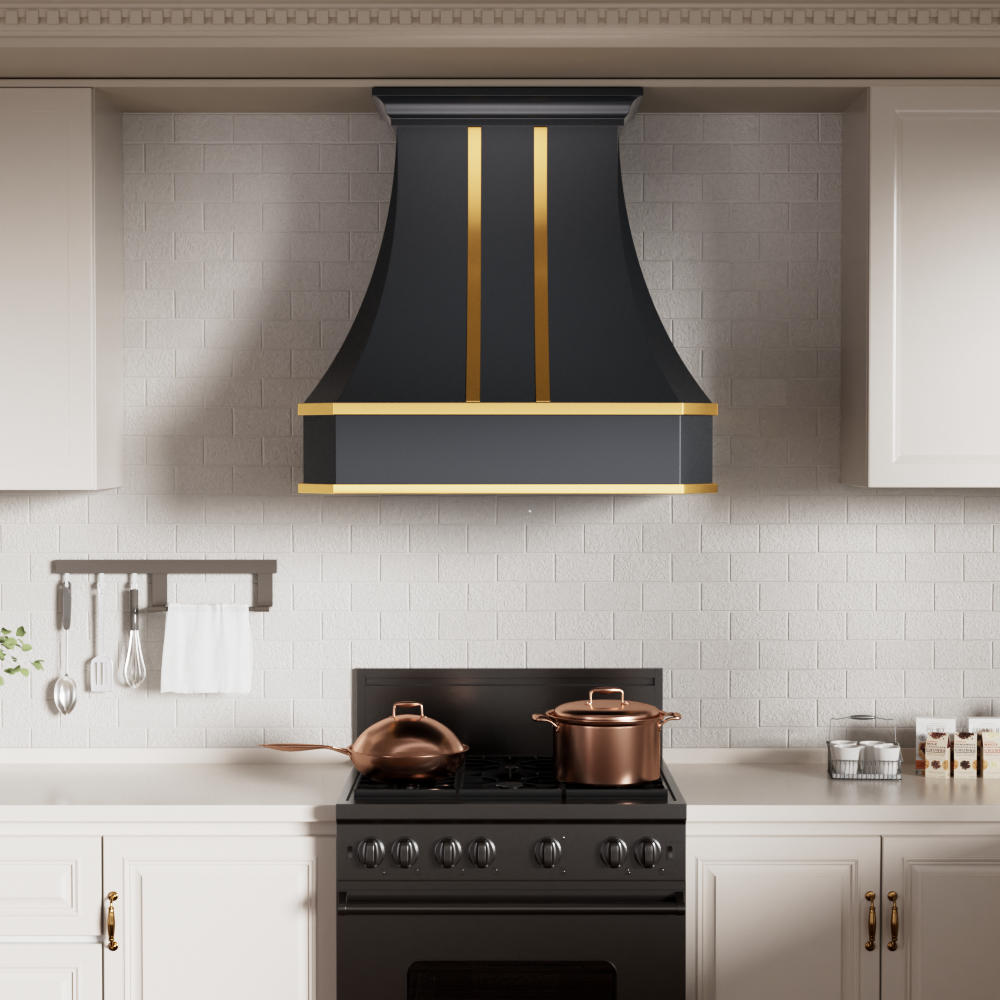 Premium Matte Black & Gold Stainless Steel Custom Range Hood SH3 C2T - Modern Kitchen Ventilation with Cut-Off Edge Design for Luxury Homes & Restaurants