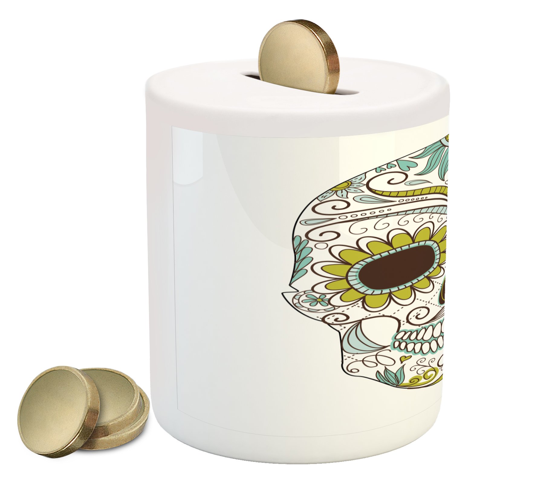Ambesonne Sugar Skull Ceramic Piggy Bank - Day of The Dead Theme with Folkloric Calavera & Floral Design - Money Box for Cash Savings (Apple Green, Brown, Seafoam) - Perfect for Home Decor, Dia de Los Muertos Celebrations & Unique Gift Ideas