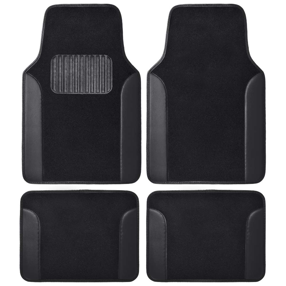 Premium BDK Car Floor Mats - Two-Tone Carpet with Faux Leather Trim, Non-Slip Automotive Floor Mat Set with Heel Pad - Luxury Car Interior Accessories (Black) - Perfect for Sedans, SUVs & Trucks - All-Weather Protection & Comfort
