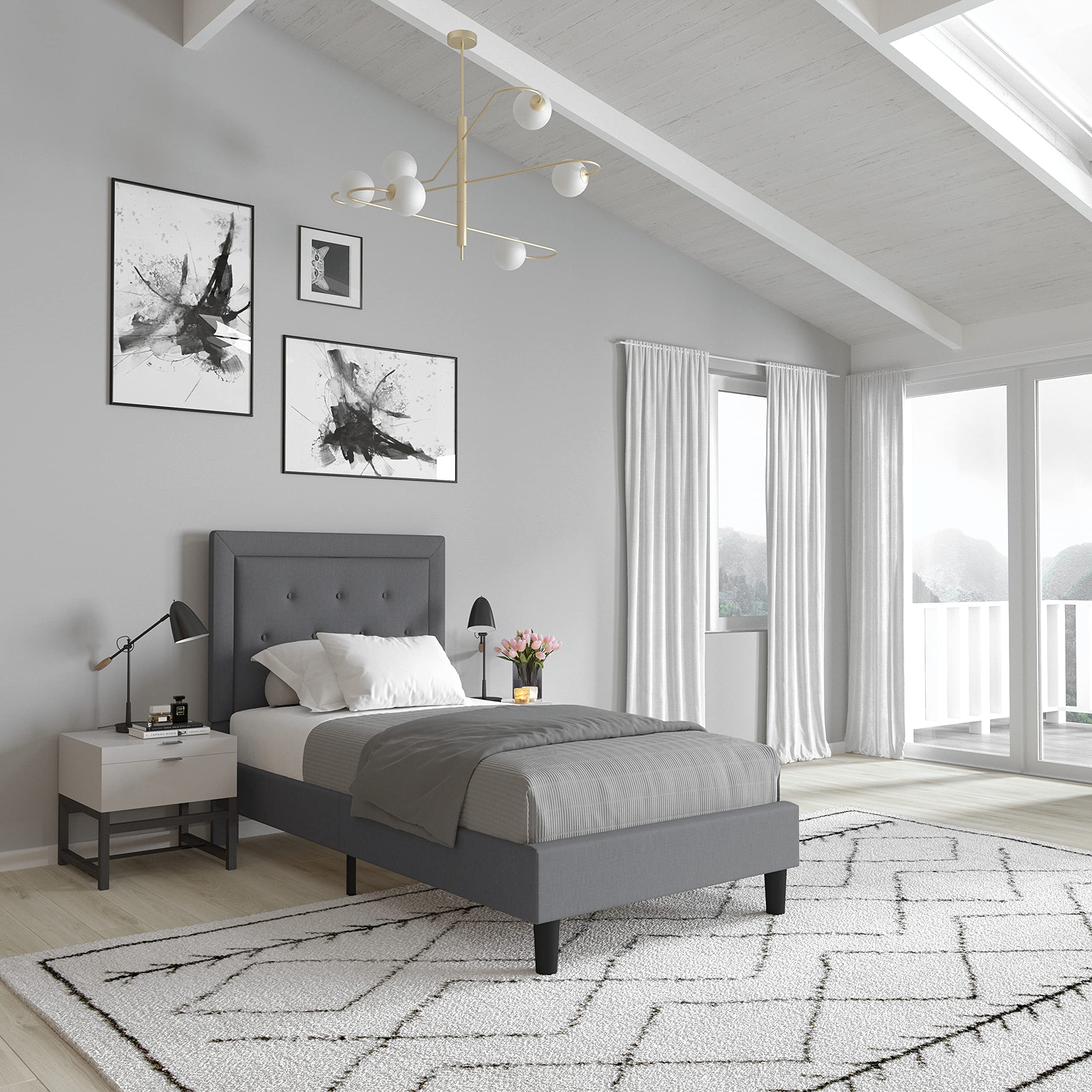 Merrick Lane Mallory Twin Size Platform Bed - Light Gray Tufted Upholstered Bed Frame with Wooden Slats | Perfect for Small Bedrooms, Guest Rooms & Dorm Decor