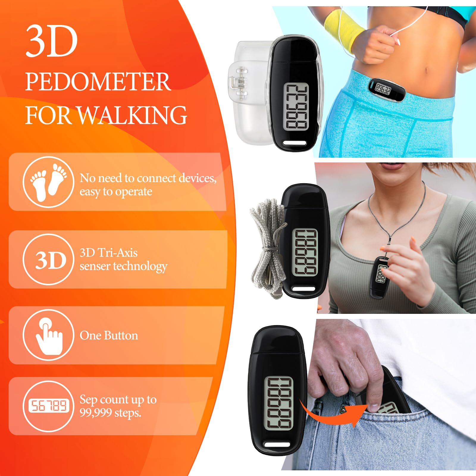 3D Pedometer for Walking - Accurate Step Counter with USB Charging & Backlight, Detachable Clip & Lanyard - Tracks Steps, Miles, Calories - Perfect for Men, Women & Seniors - Ideal for Walking, Jogging, Hiking & Fitness Tracking