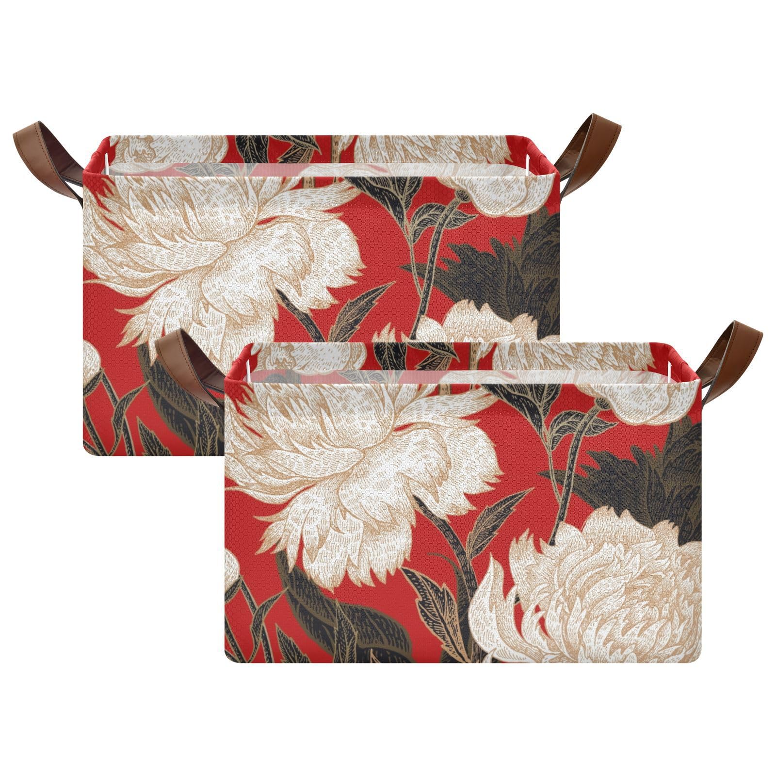 White Peony Red Fabric Storage Bins with Handles - 2 Pack Rectangle Woven Storage Baskets for Closet, Shelf & Home Organization | Perfect for Toys, Blankets & Laundry
