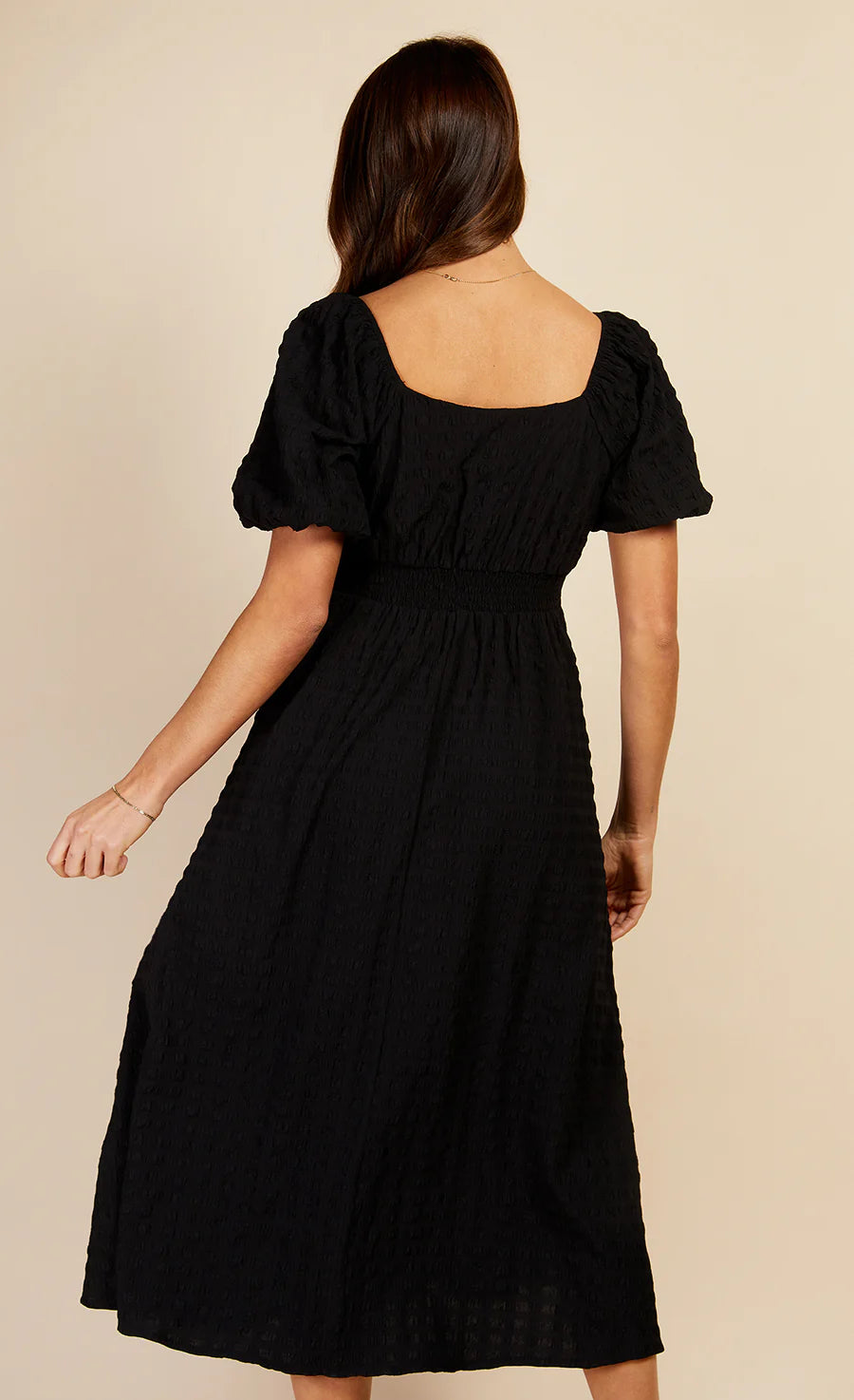 Clara Textured Puff Sleeve Midaxi Dress for Women - Elegant Black Flowy Midi Dress for Parties, Weddings & Date Nights